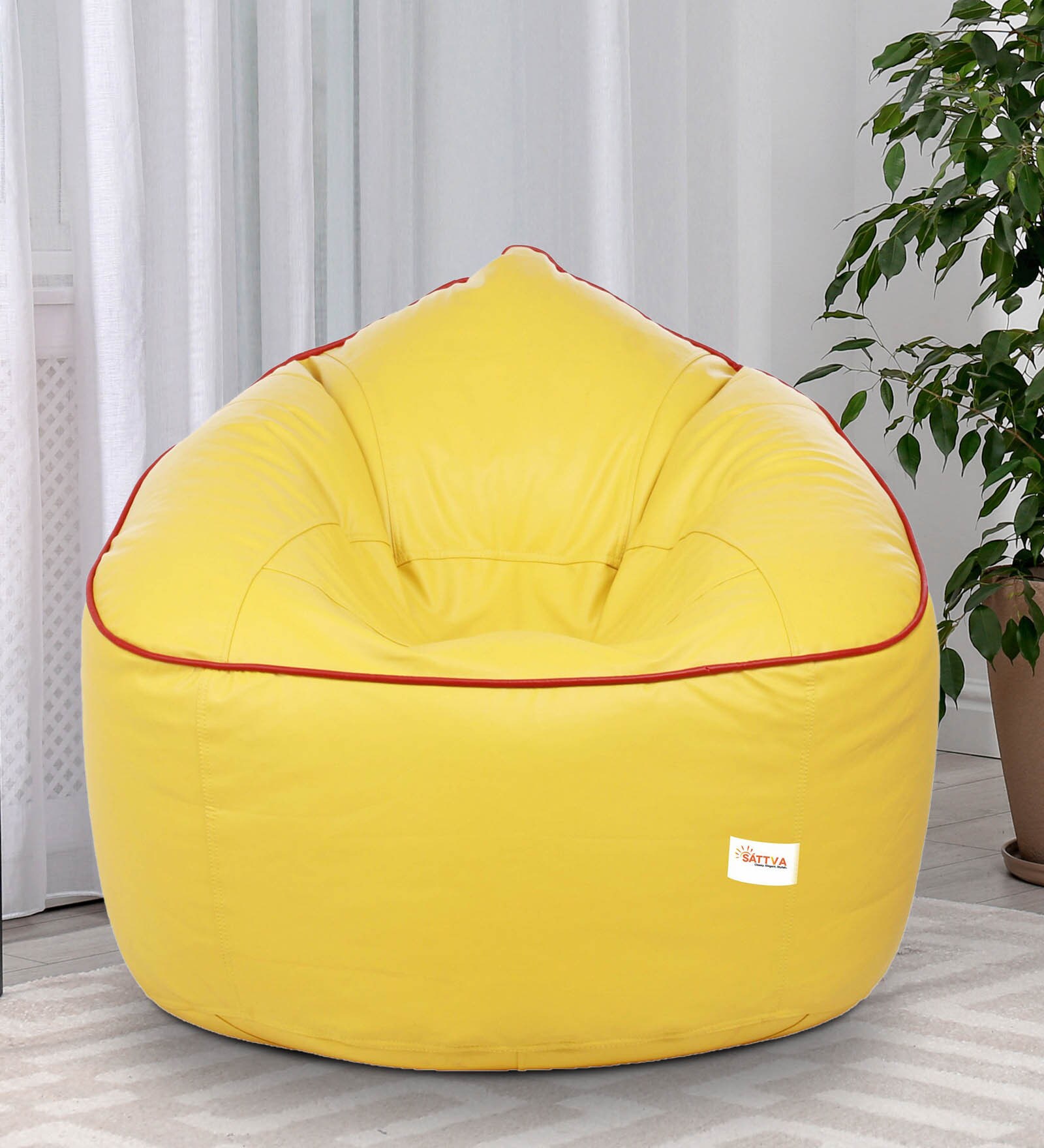 Muddha XXXL Leatherette Bean Bag with Beans in Yellow with Red Piping Colour