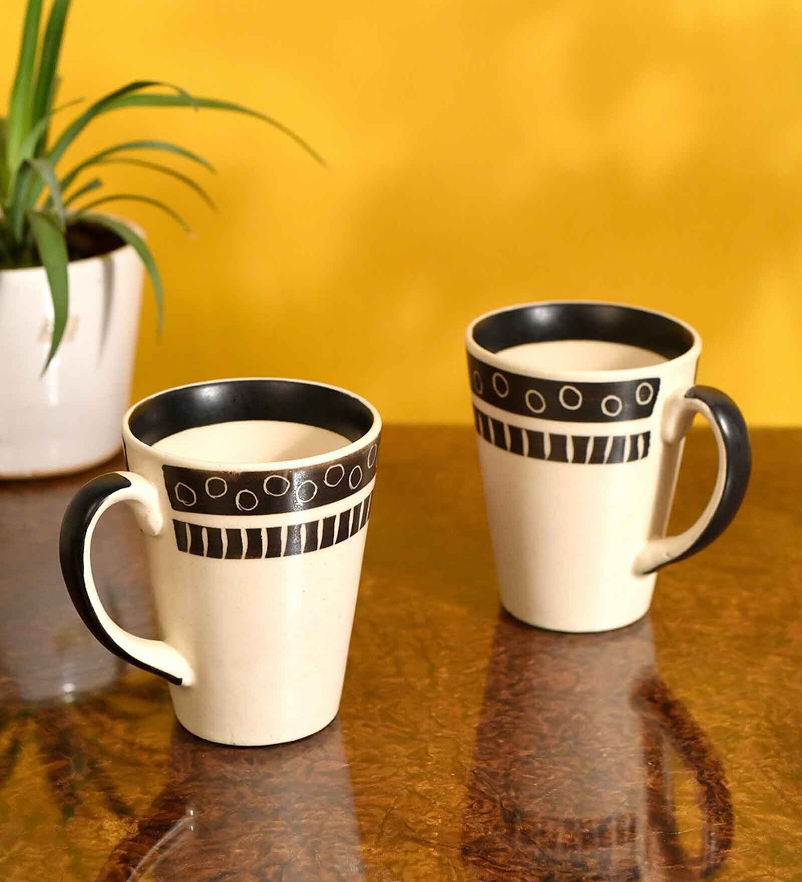 Polka Black and Off-White 180 ml Ceramic (Set of 2) Tea Cups