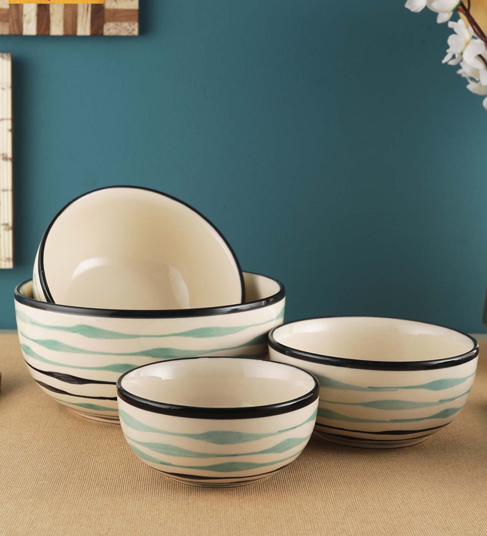 Mugdha White & Green Ceramic (Set of 4) Serving Bowl Mugdha White & Green Ceramic (Set of 4) Serving Bowl