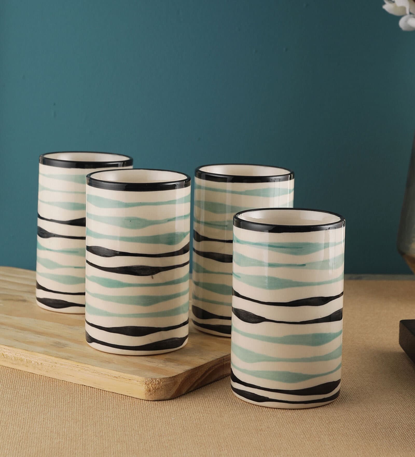 Mugdha 300ml White & Blue (Set of 4) Ceramic Everyday Glass