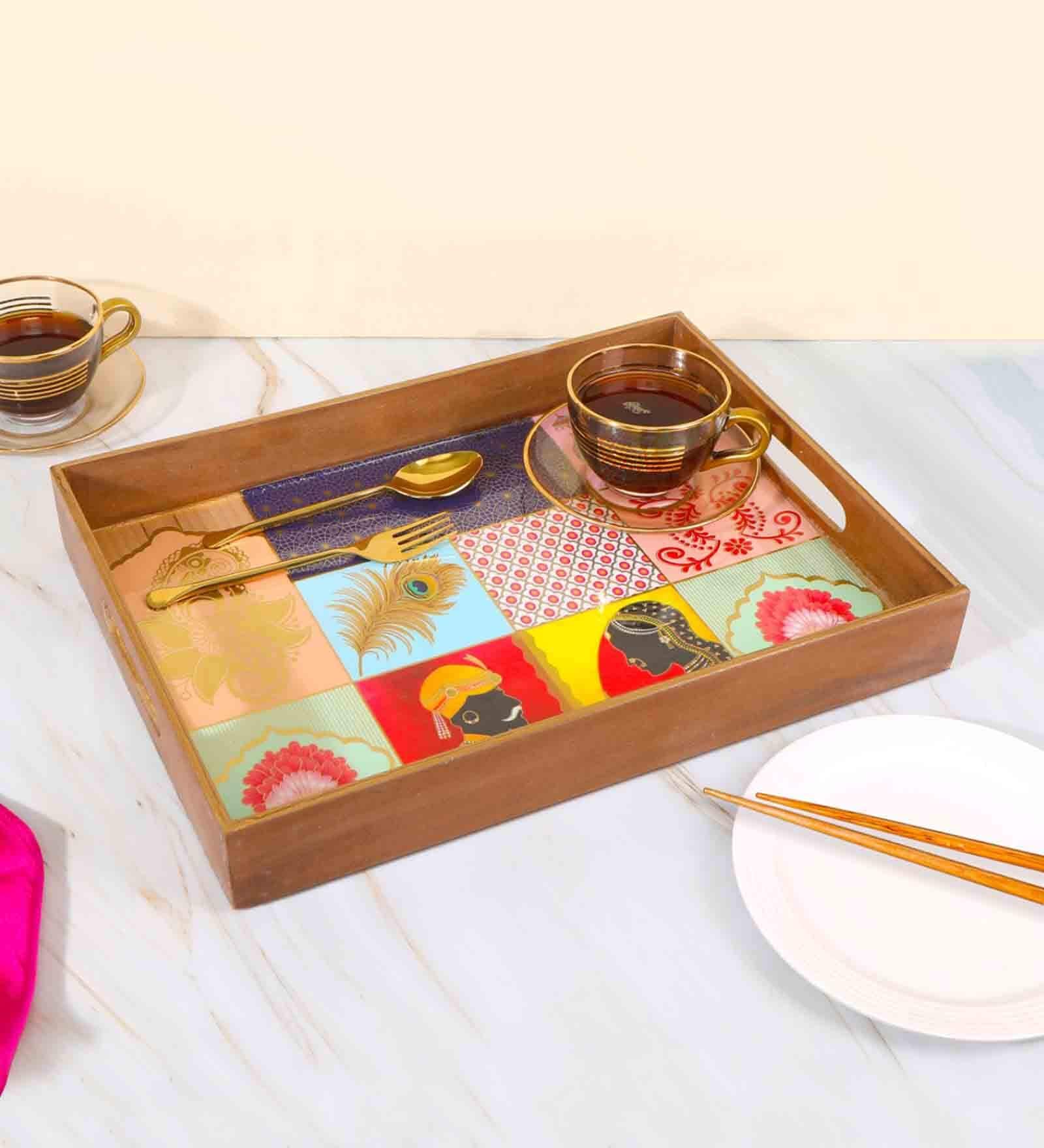 Mughal Collectio Multicolour & Gold MDF Wood Rectangle Serving Trays