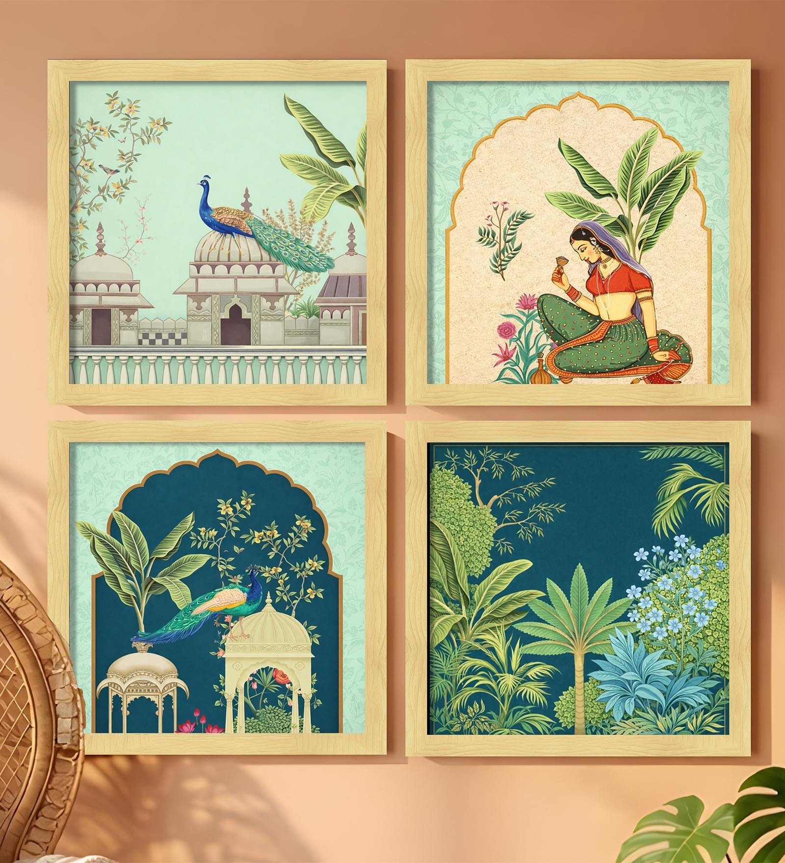 Mughal Garden Peacock Set of 4 Framed Posters