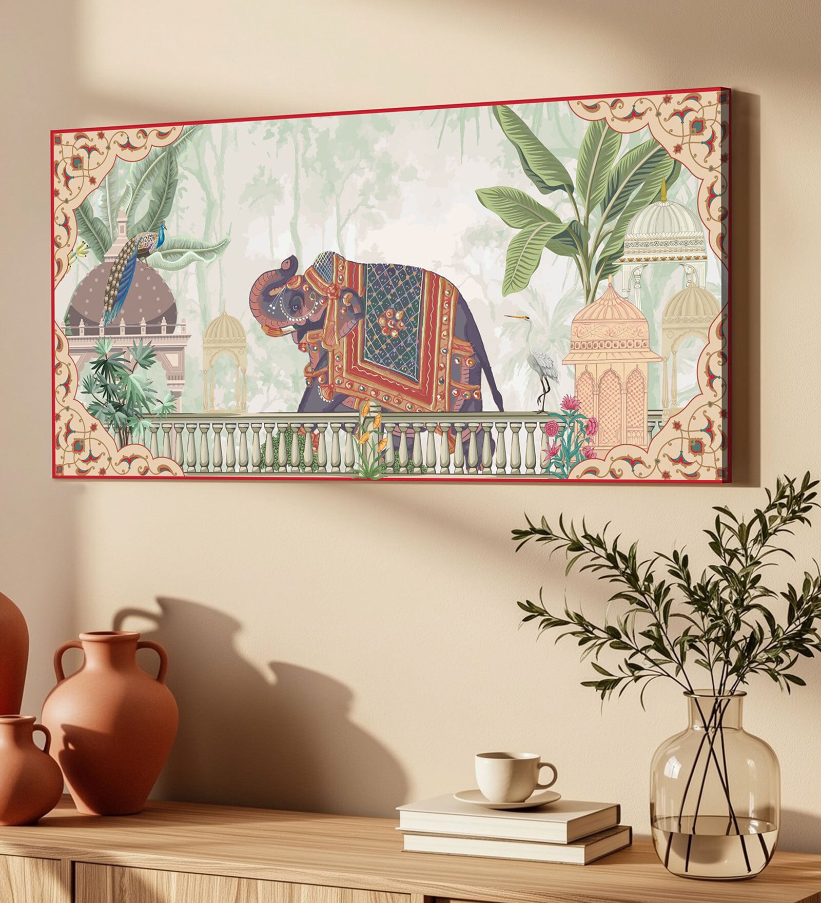 (1Pc) Multicolor Canvas Mughal Elephant Wall Art