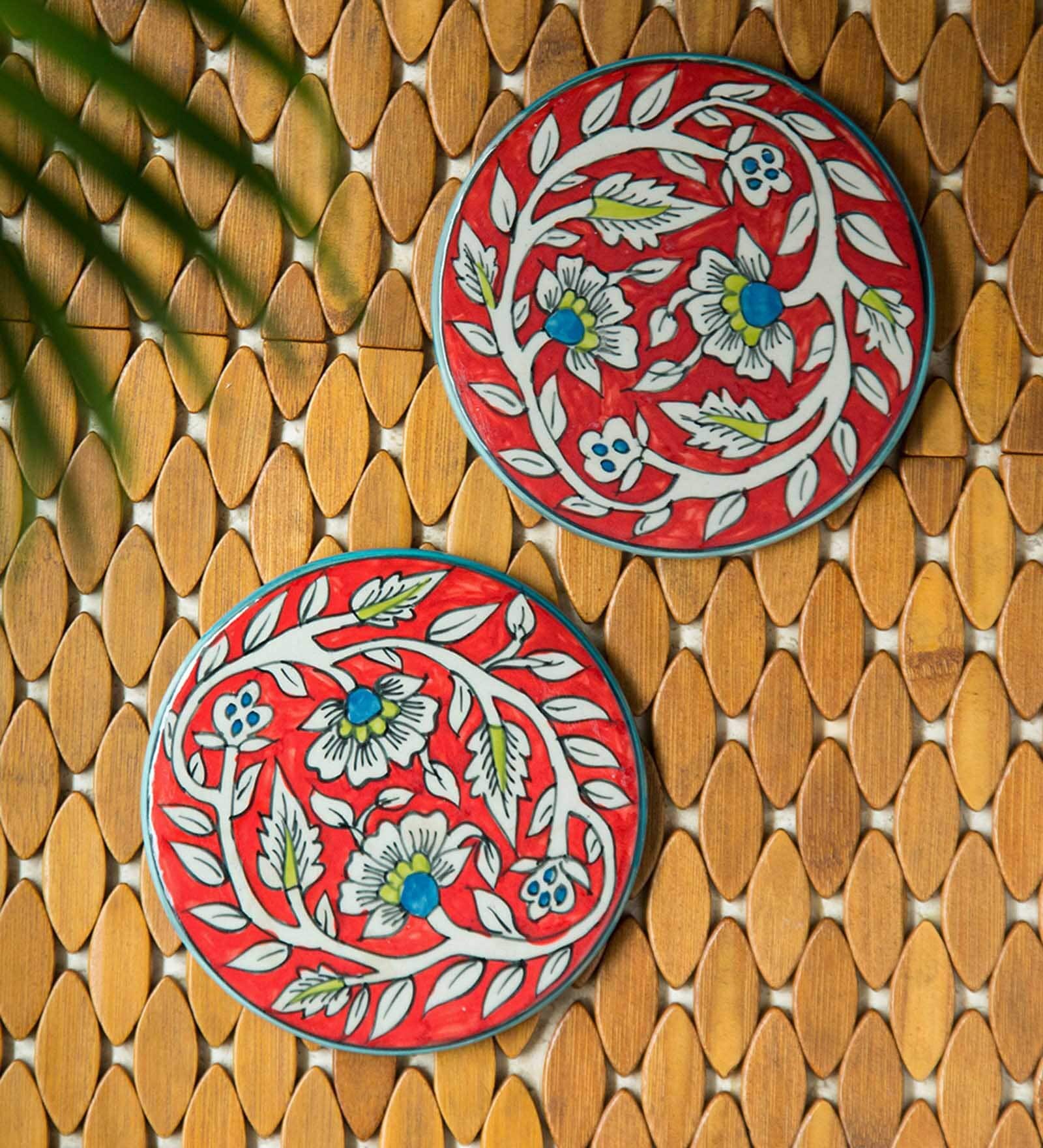 Mughal Rounds Floral Red & White Ceramic (Set of 2) Trivet