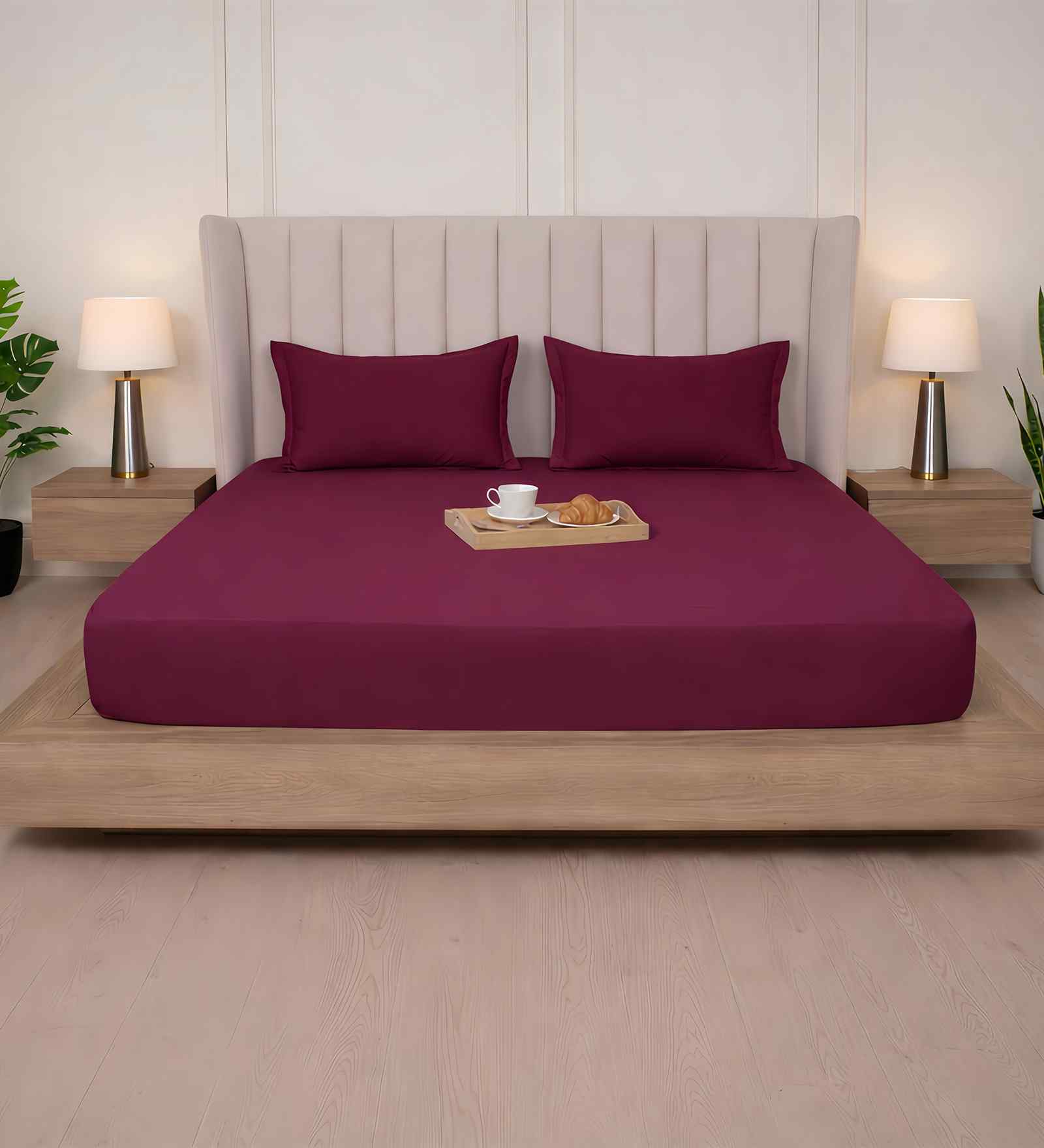 Mulberry Red Solid 300 TC Pure Cotton King Fitted Bedsheet with 2 Pillow Covers