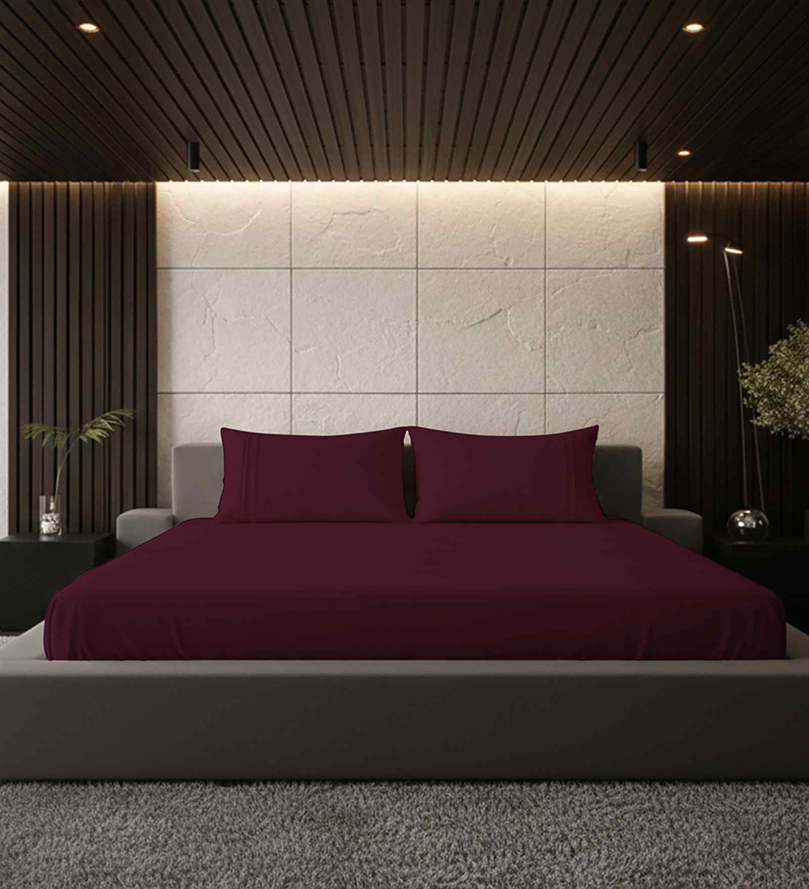 Mulberry Red Solid 500 TC Pure Cotton King Fitted Bedsheet with 2 Pillow Covers