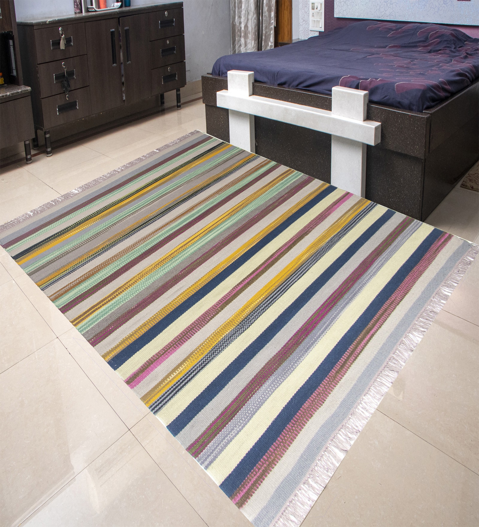 Mutlicolor Stripes Wool Hand Woven Carpet