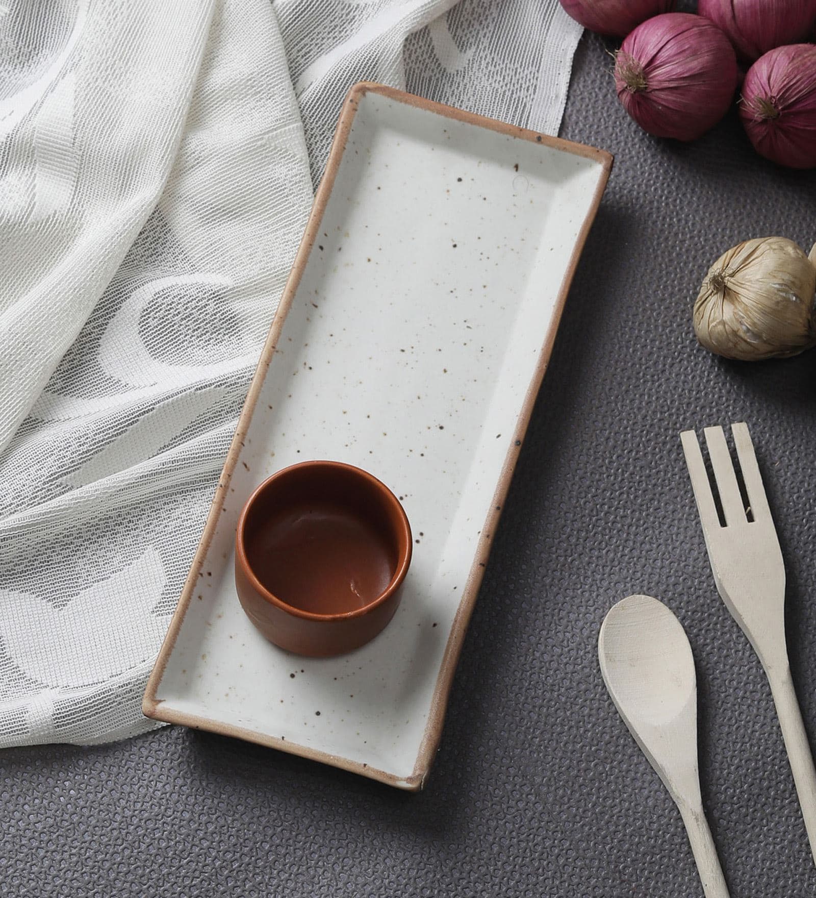 Rectangle White Ceramic (Set of 2) Appetizer Platter with Dip Bowl