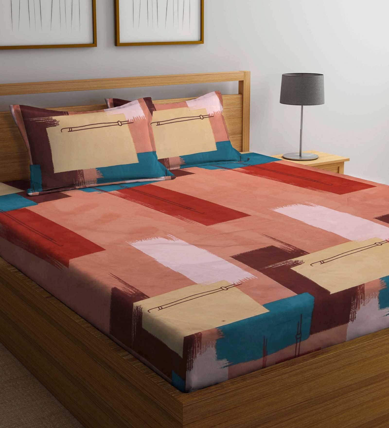 Multicolor Abstract 300 TC Cotton Blend King Sized Bed Sheets with 2 Pillow Covers