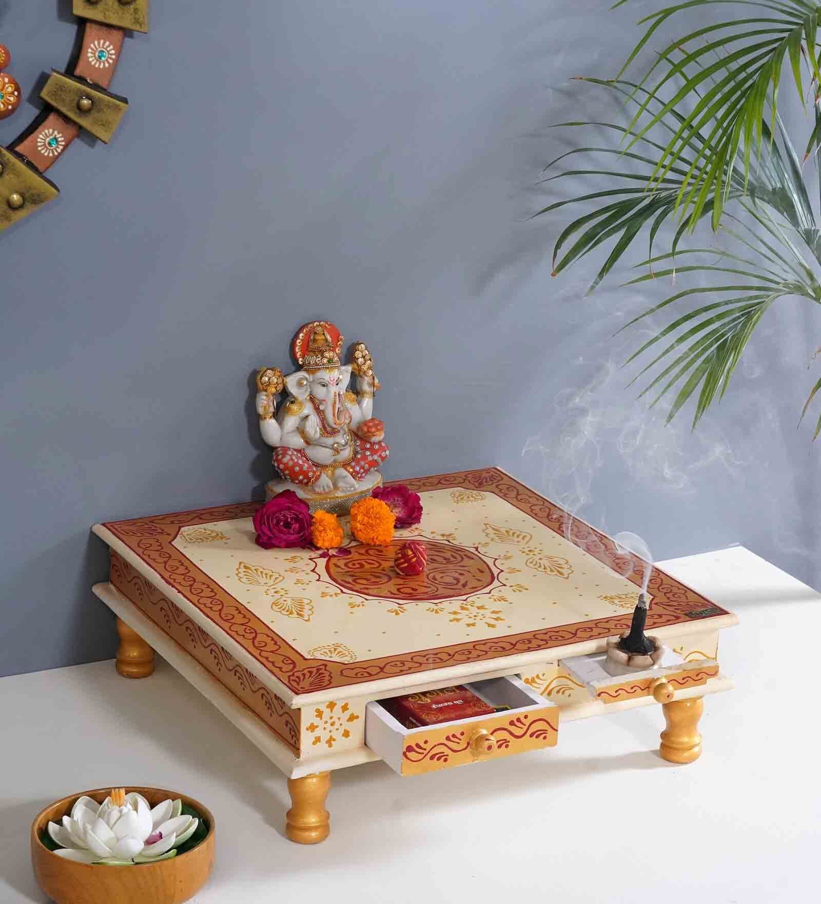 Multi Color Big MDF & Sheesham Wooden Pooja Chowki with Drawer