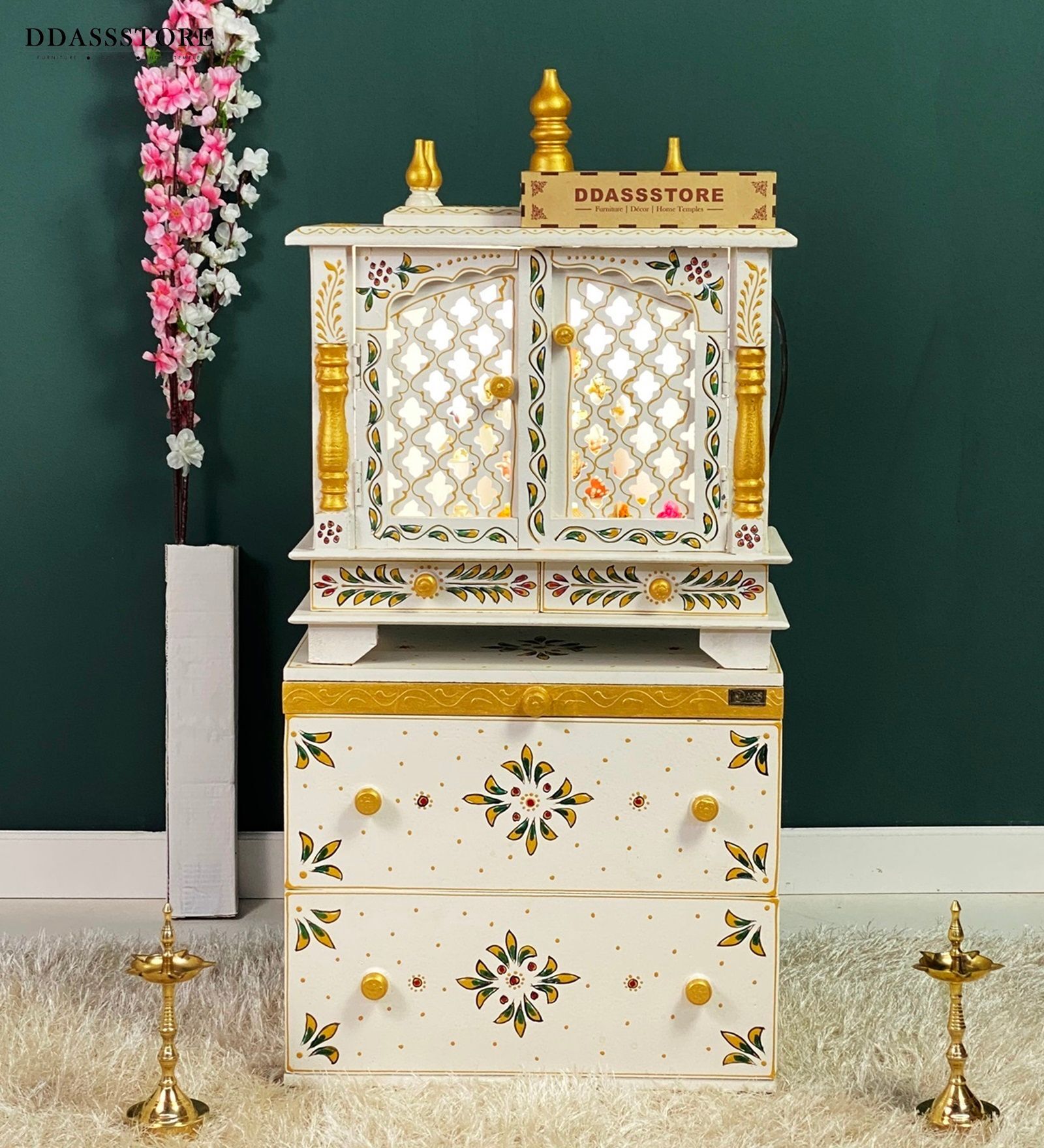 White MDF & Sheesham Wooden Temple with Cabinet