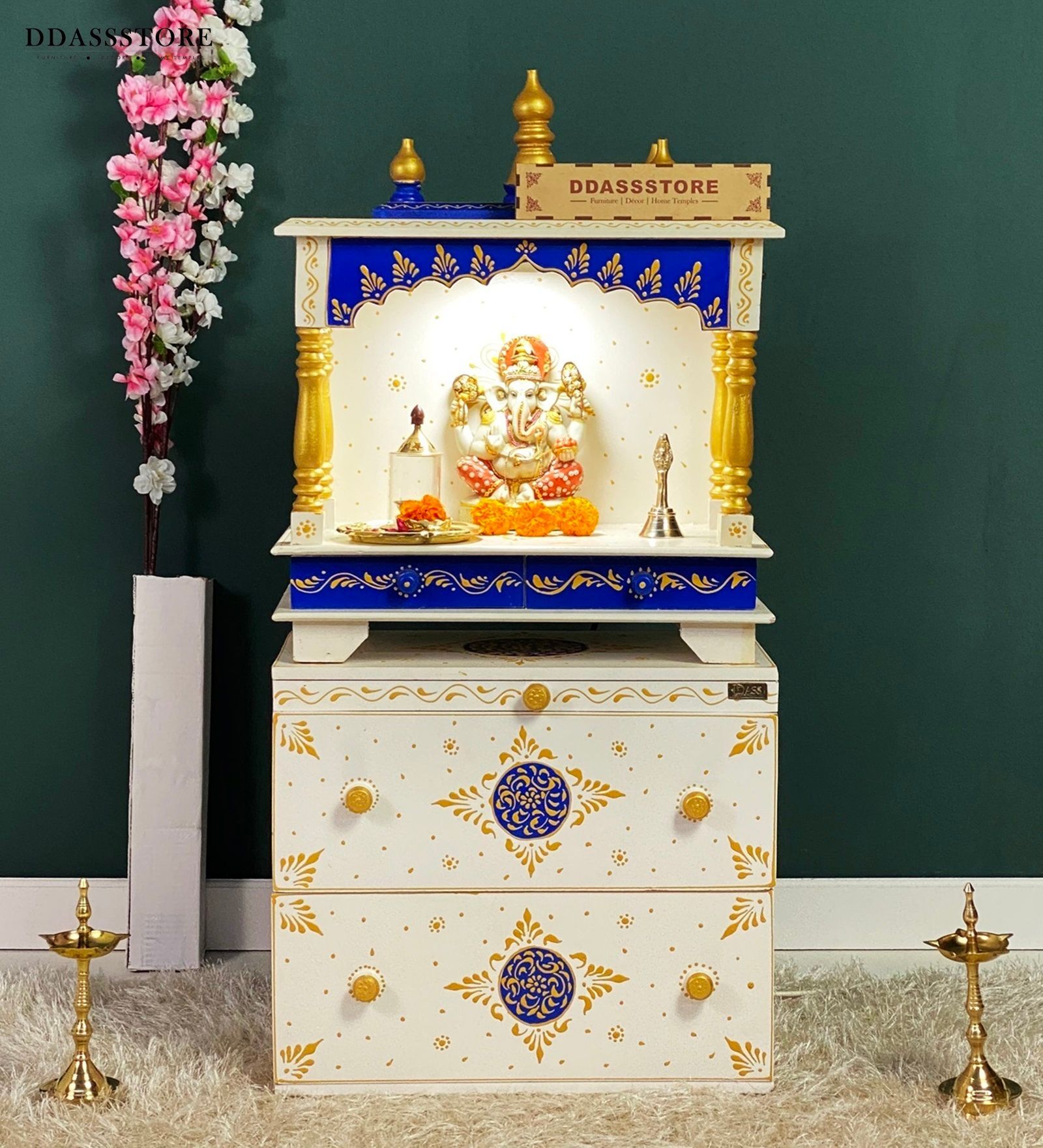 White MDF & Sheesham Wooden Temple with Cabinet