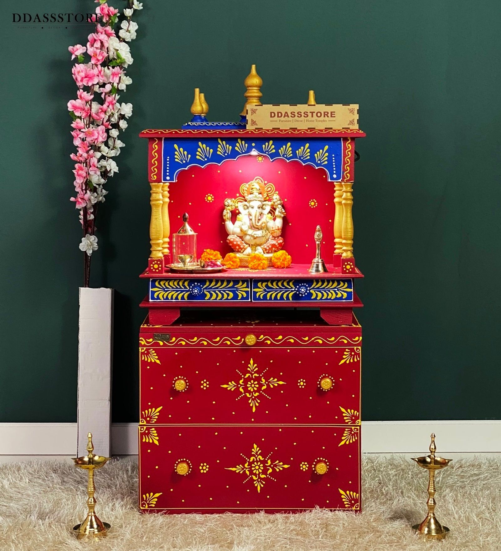 Marroon MDF & Sheesham Wooden Temple with Cabinet