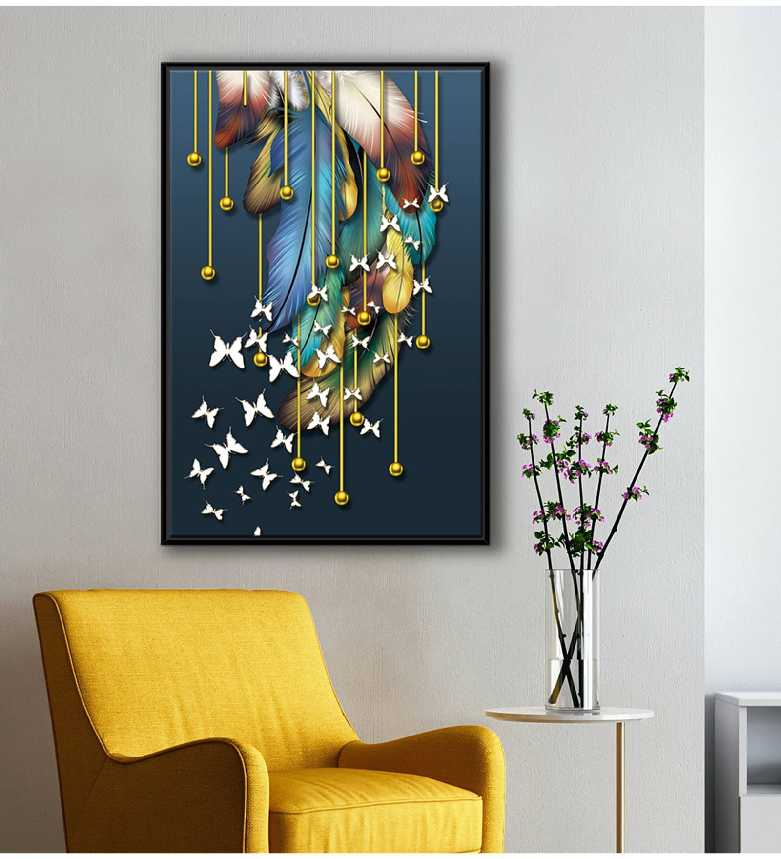Multi Colorful Feathers With Flying White Butterfly Golden Line Modern Art Canvas Art Print