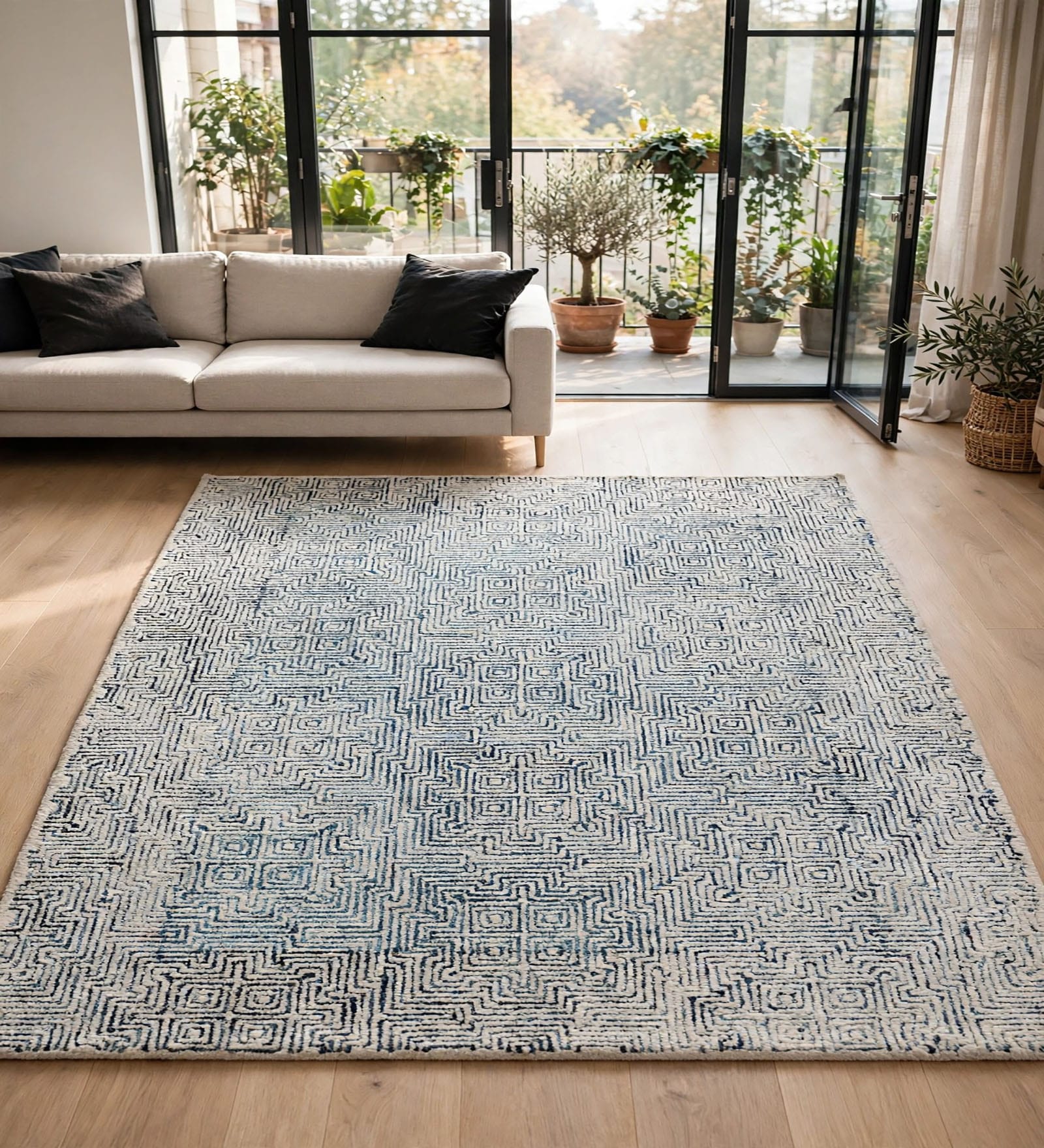 Blue Wool And Cotton 5 X 8 Ft Hand Tufted Carpet