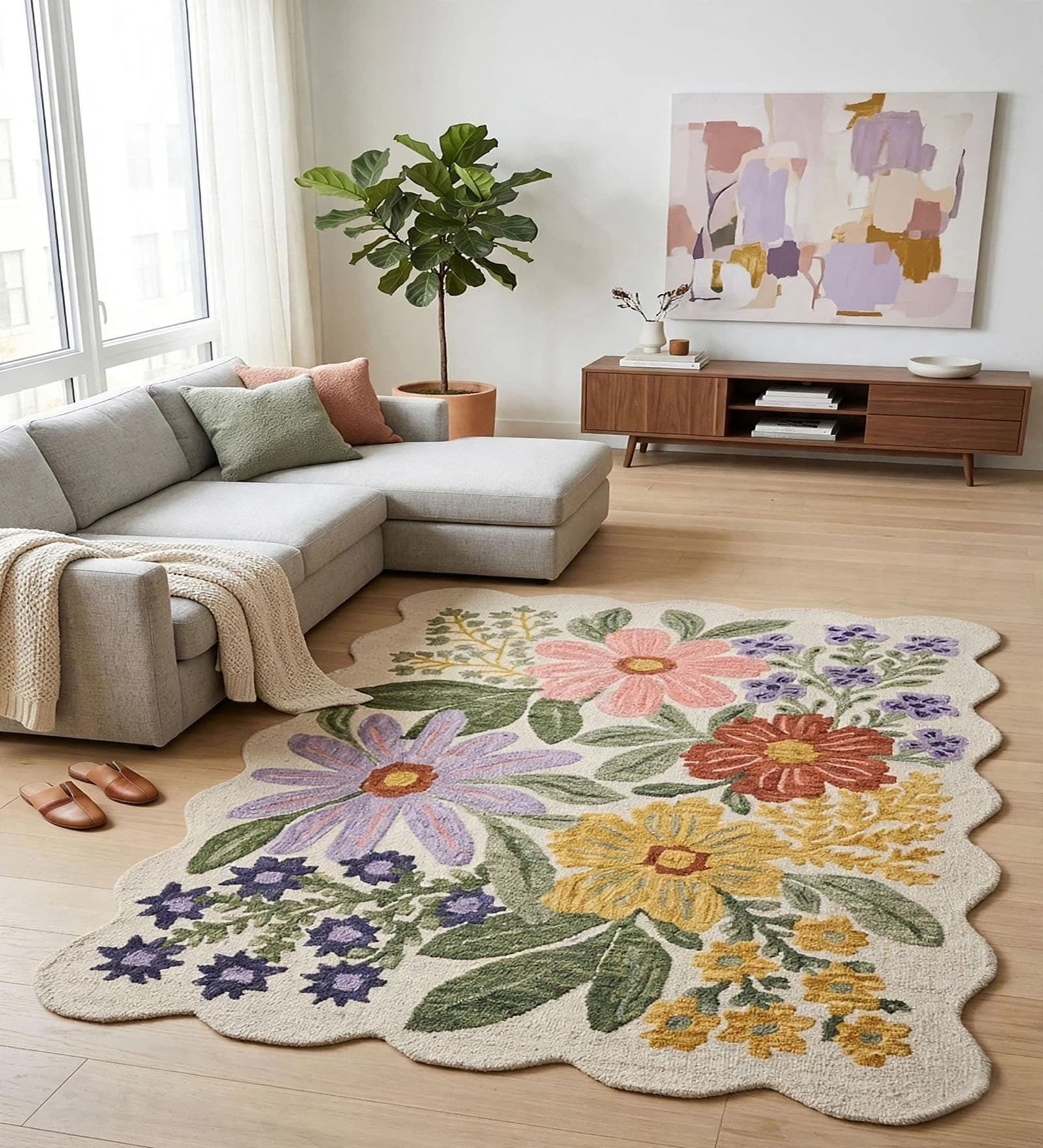 Beige Floral Wool And Cotton 5 X 7 ft Hand Tufted Carpet