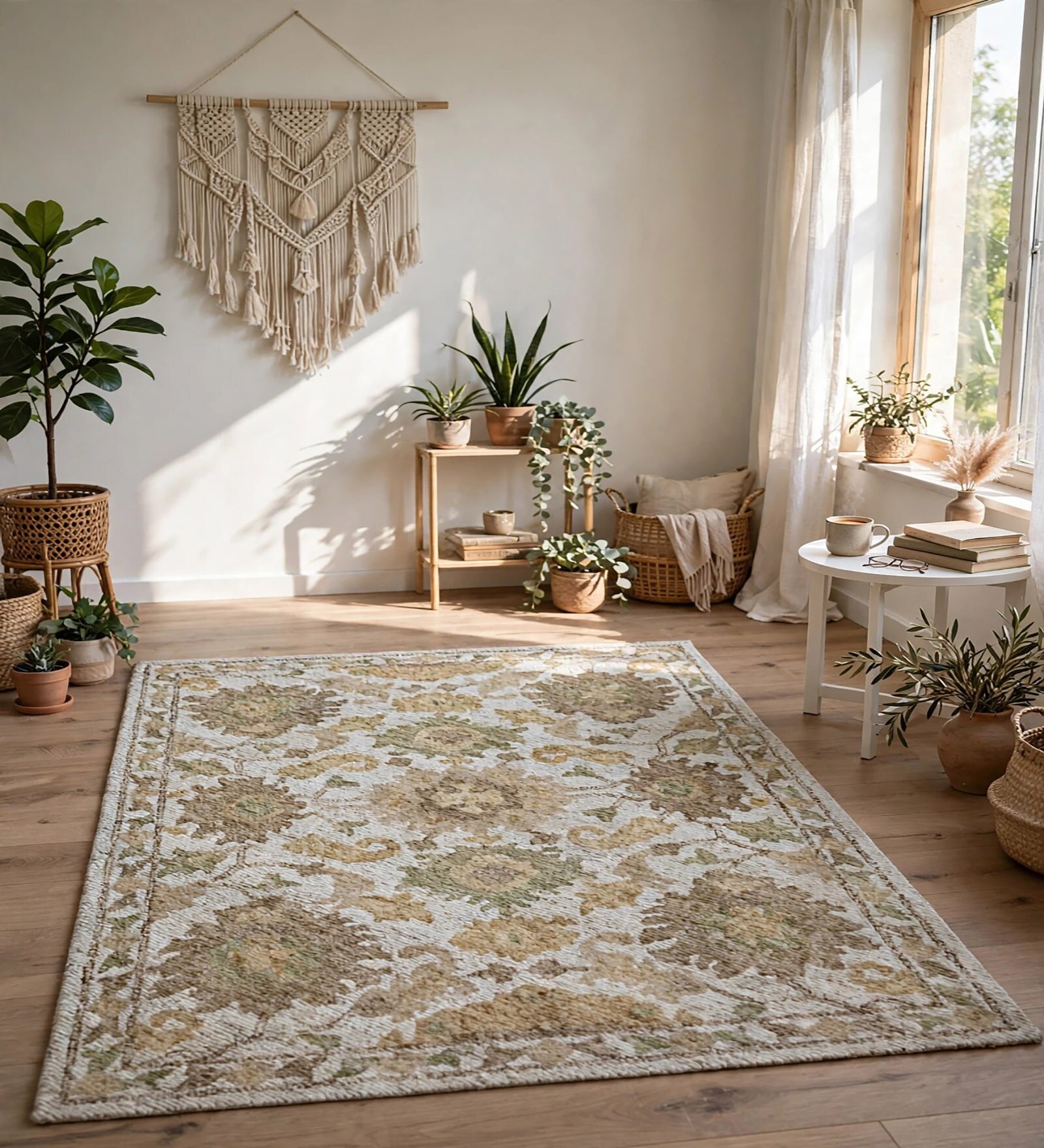 Multi Colour Floral Wool And Cotton 8 X 5 Feet Hand Tufted Carpet