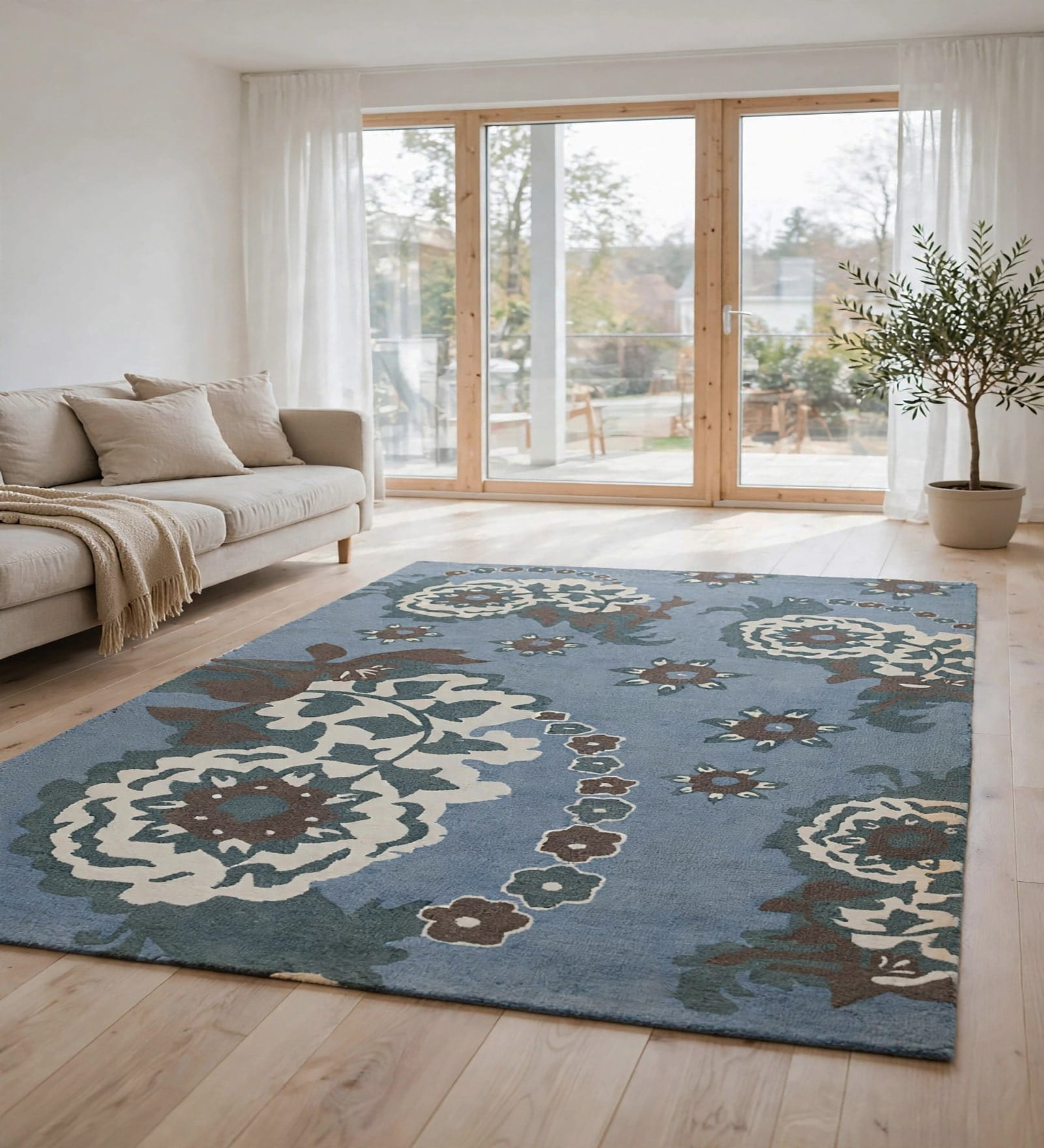 Blue Floral Wool And Cotton 5 X 8 Ft Hand Tufted Carpet