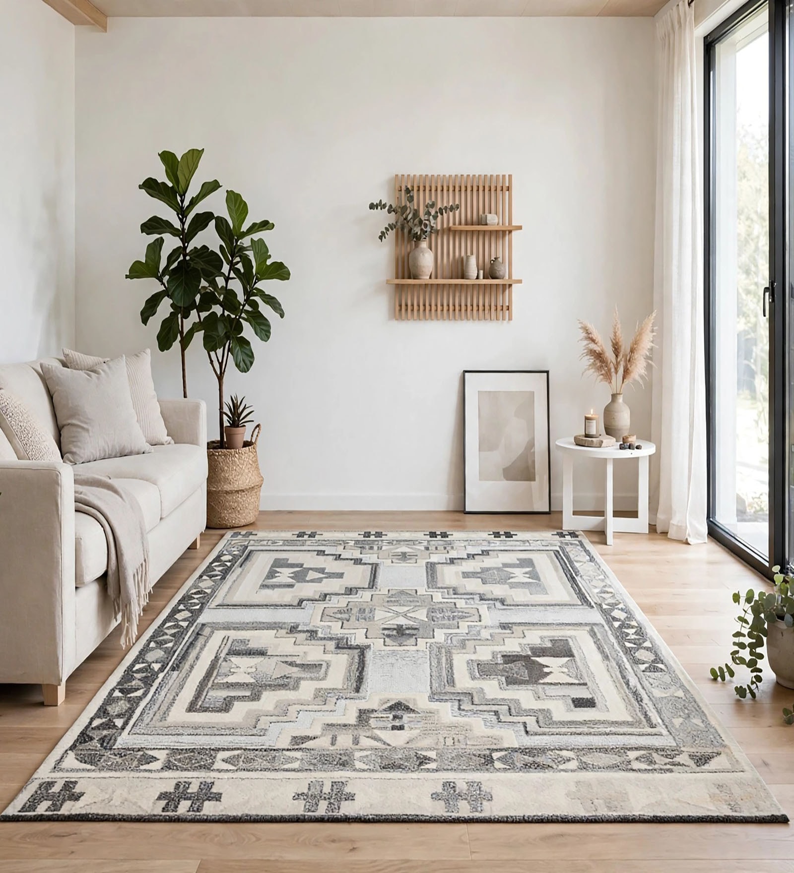 White Geometric Wool And Cotton 5 X 7 ft Hand Tufted Carpet