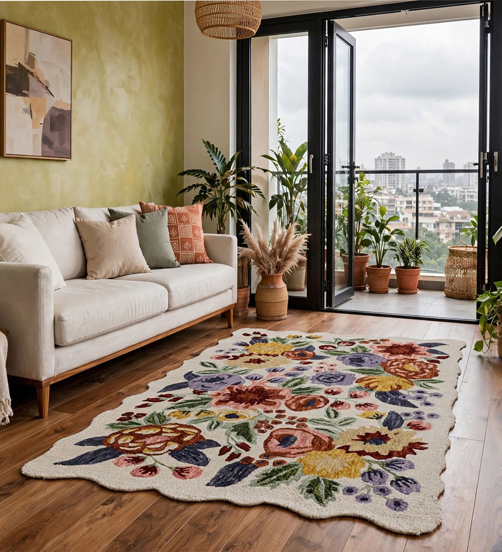 Beige Geometric Wool And Cotton 5 X 7 ft Hand Tufted Carpet