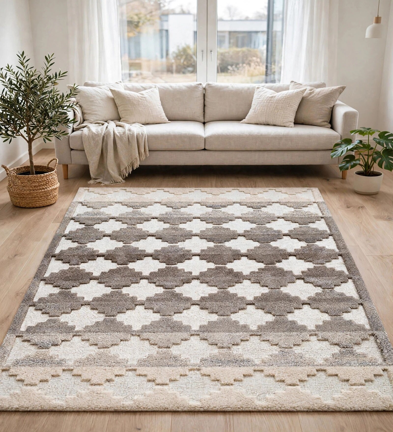 Multi Colour Geometric Wool And Cotton 8 X 5 Feet Hand Tufted Carpet