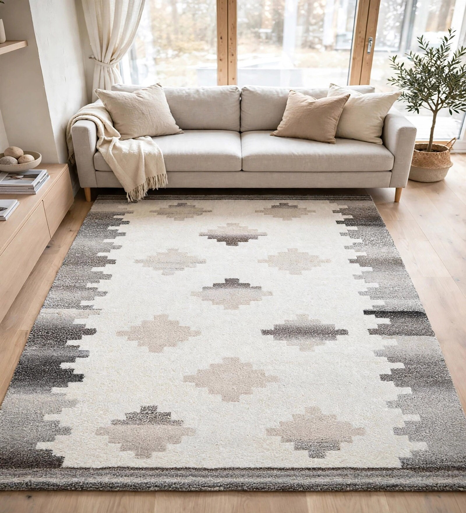 Multi Colour Geometric Wool And Cotton 8 X 5 Feet Hand Tufted Carpet
