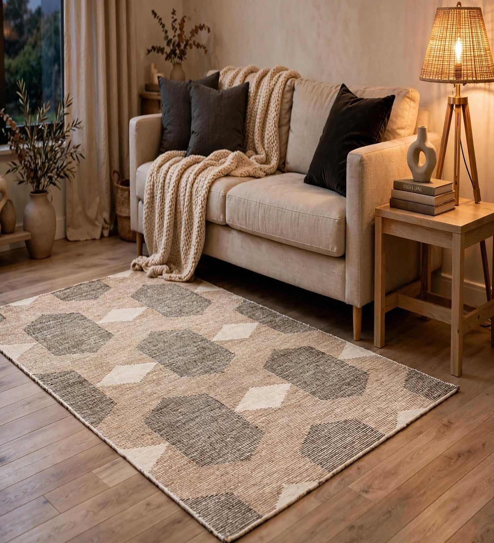 Brown Geometric Wool And Cotton 5 X 8 Ft Hand Tufted Carpet