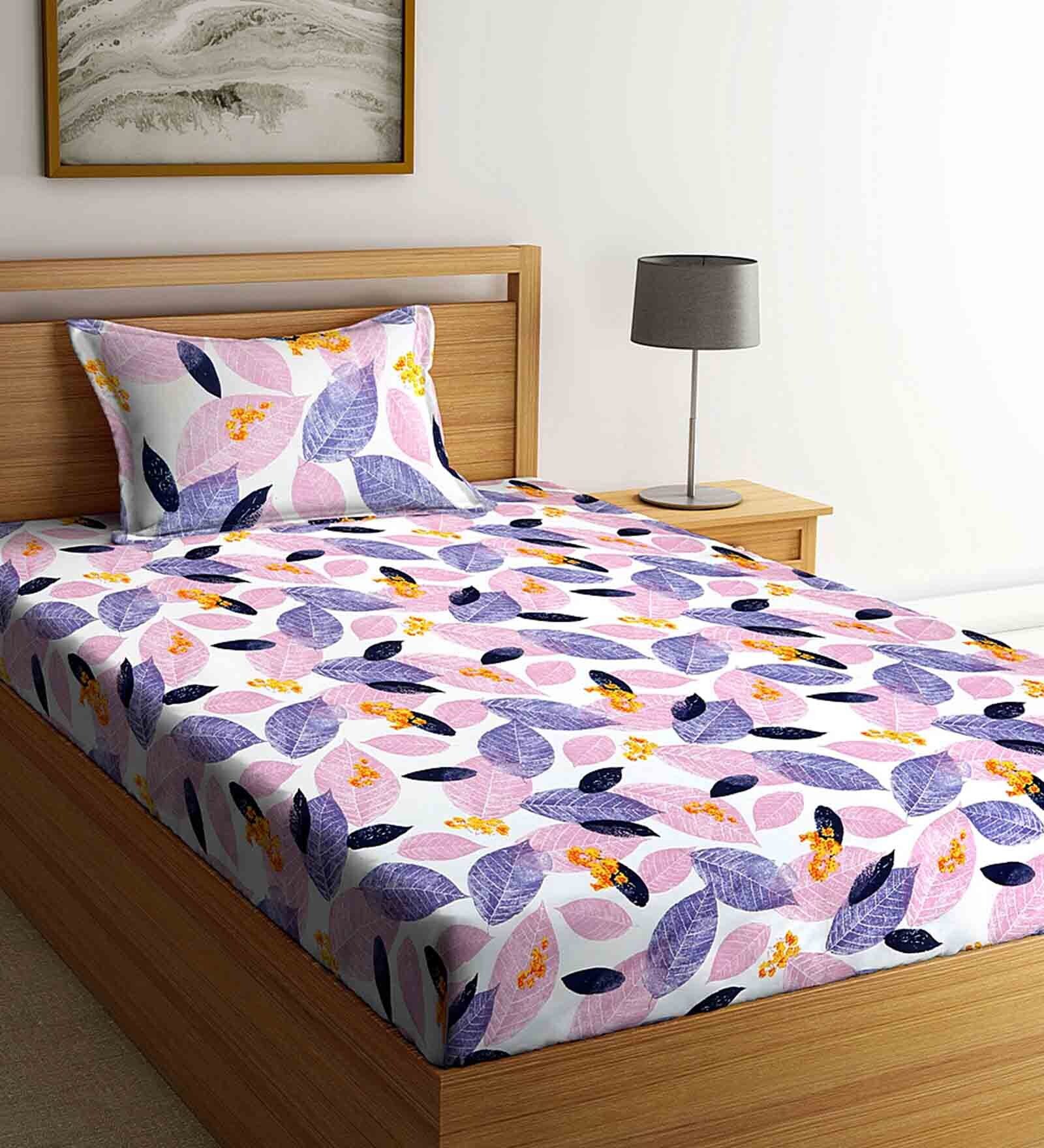 Violet Floral 300 TC Cotton Blend Single Bed Sized Bed Sheets With 1 Pillow Cover