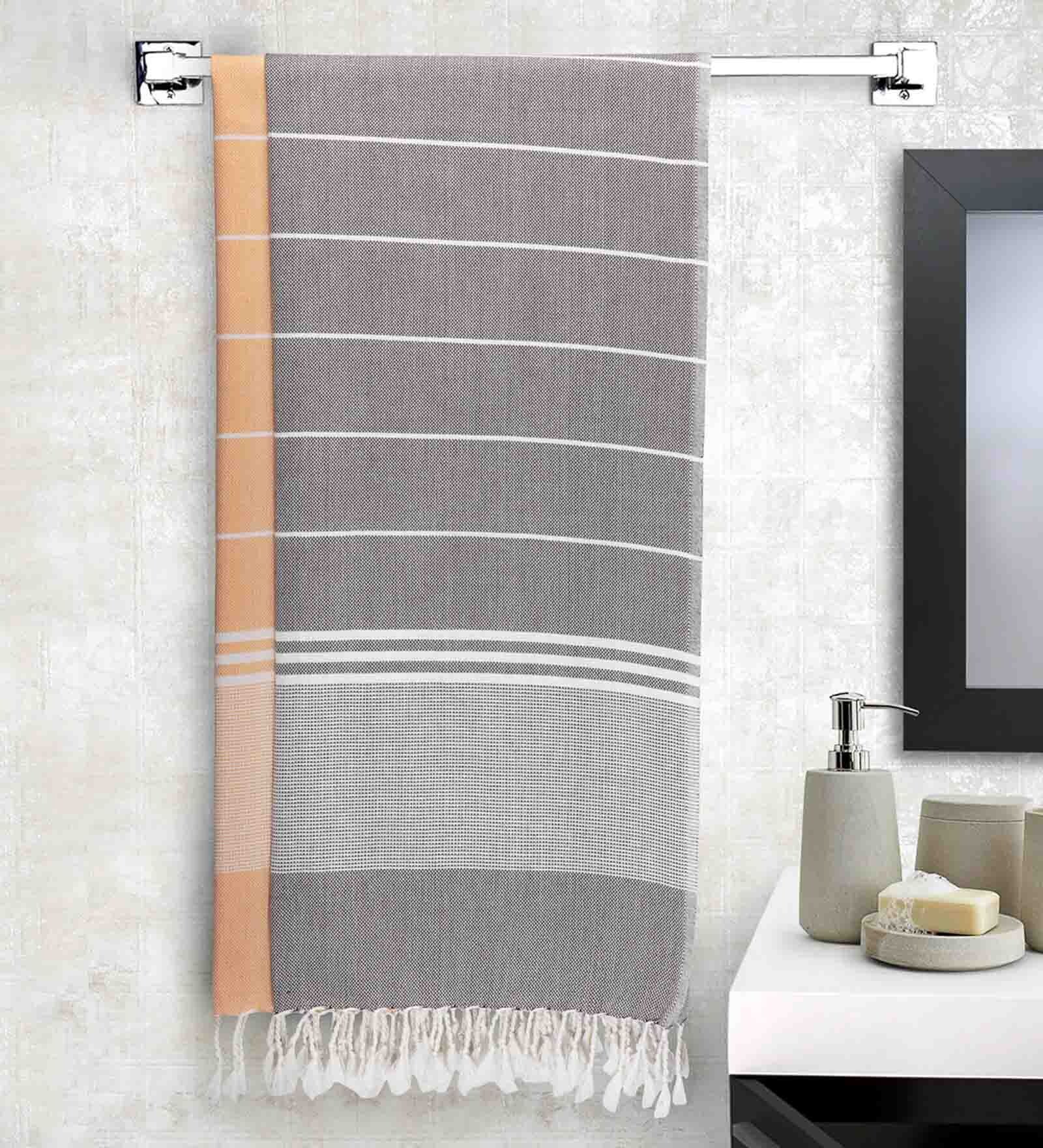 Orange and Grey Printed 210 GSM Cotton Bath Towel (Set of 2)