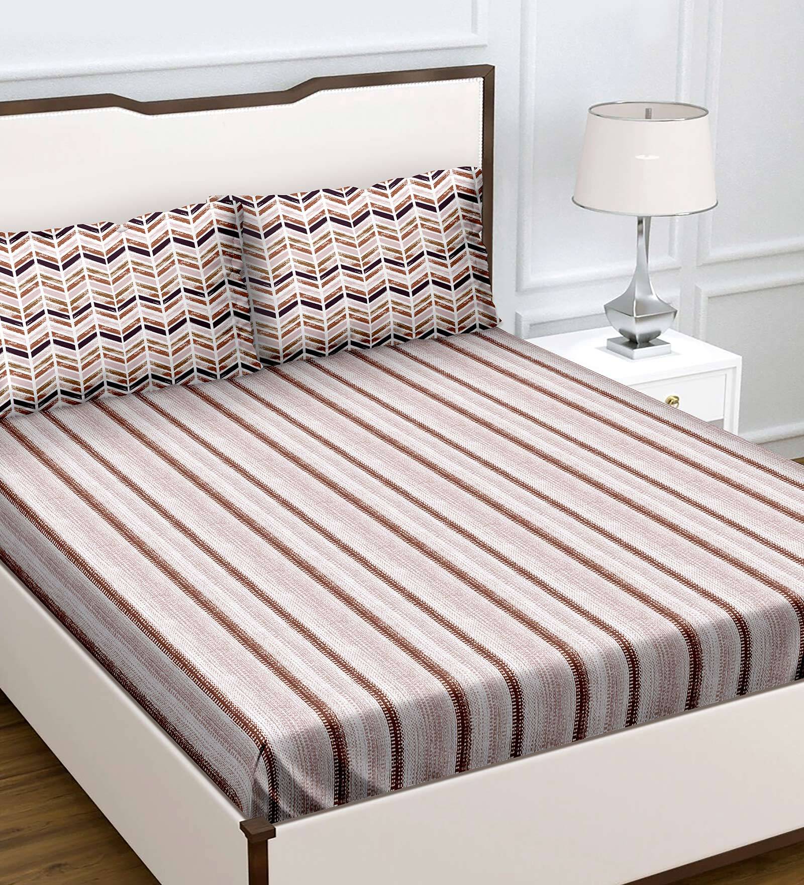 Multicolor Striped 180 TC Cotton Queen Sized Bed Sheets with 2 Pillow Covers