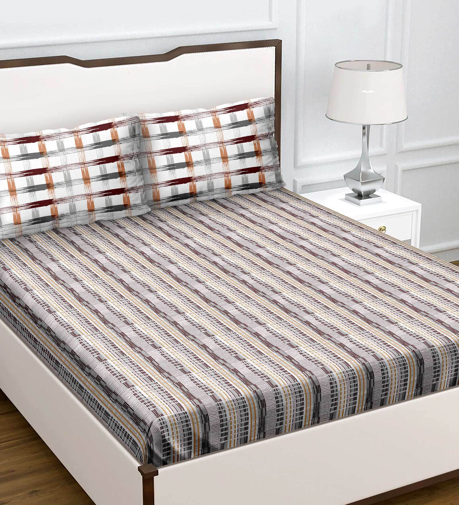 Multicolor Striped 180 TC Cotton Queen Sized Bed Sheets with 2 Pillow Covers