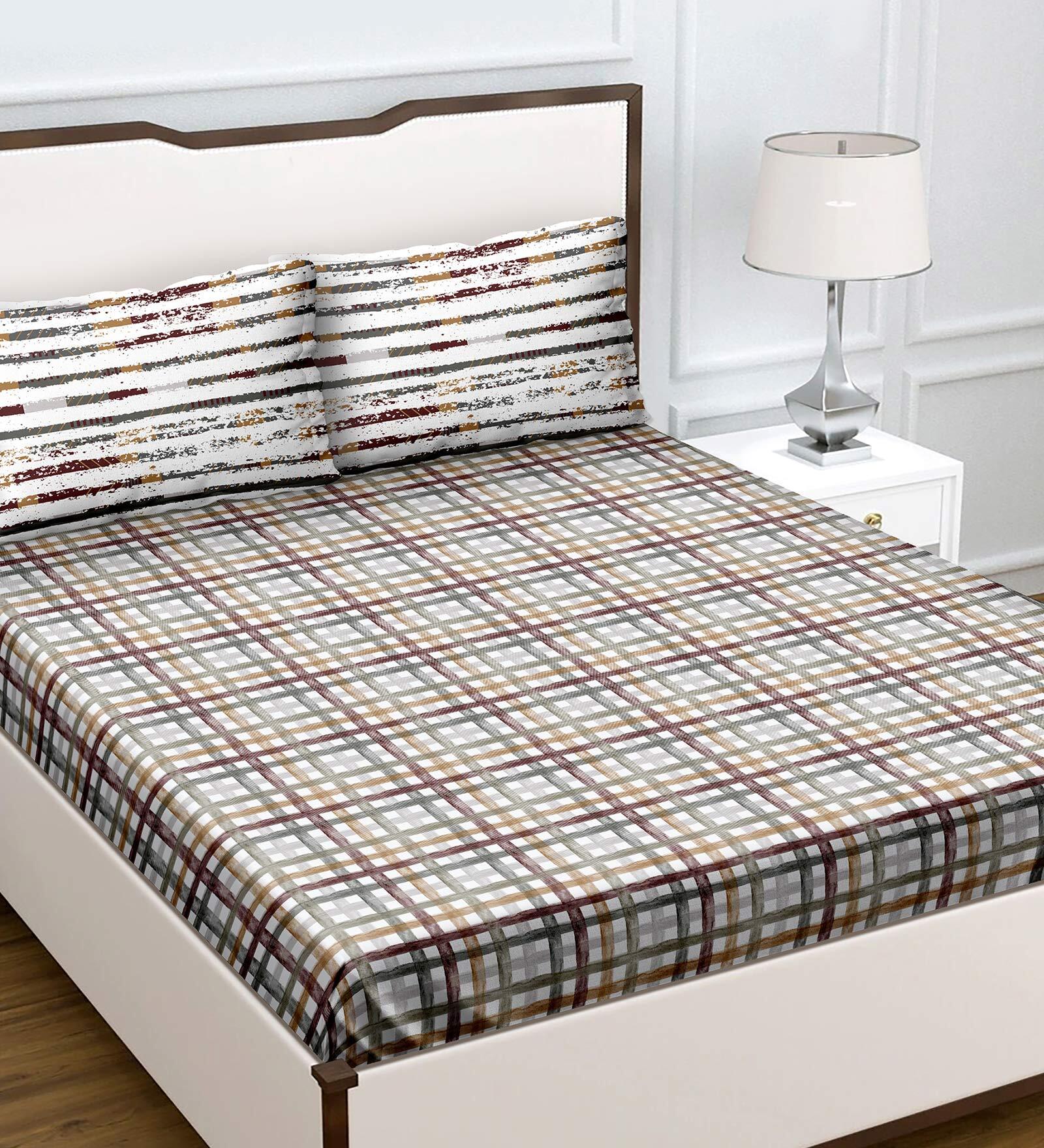 Buy Multicolor Checkered 180 TC Cotton Queen Sized Bed Sheets with 2 ...