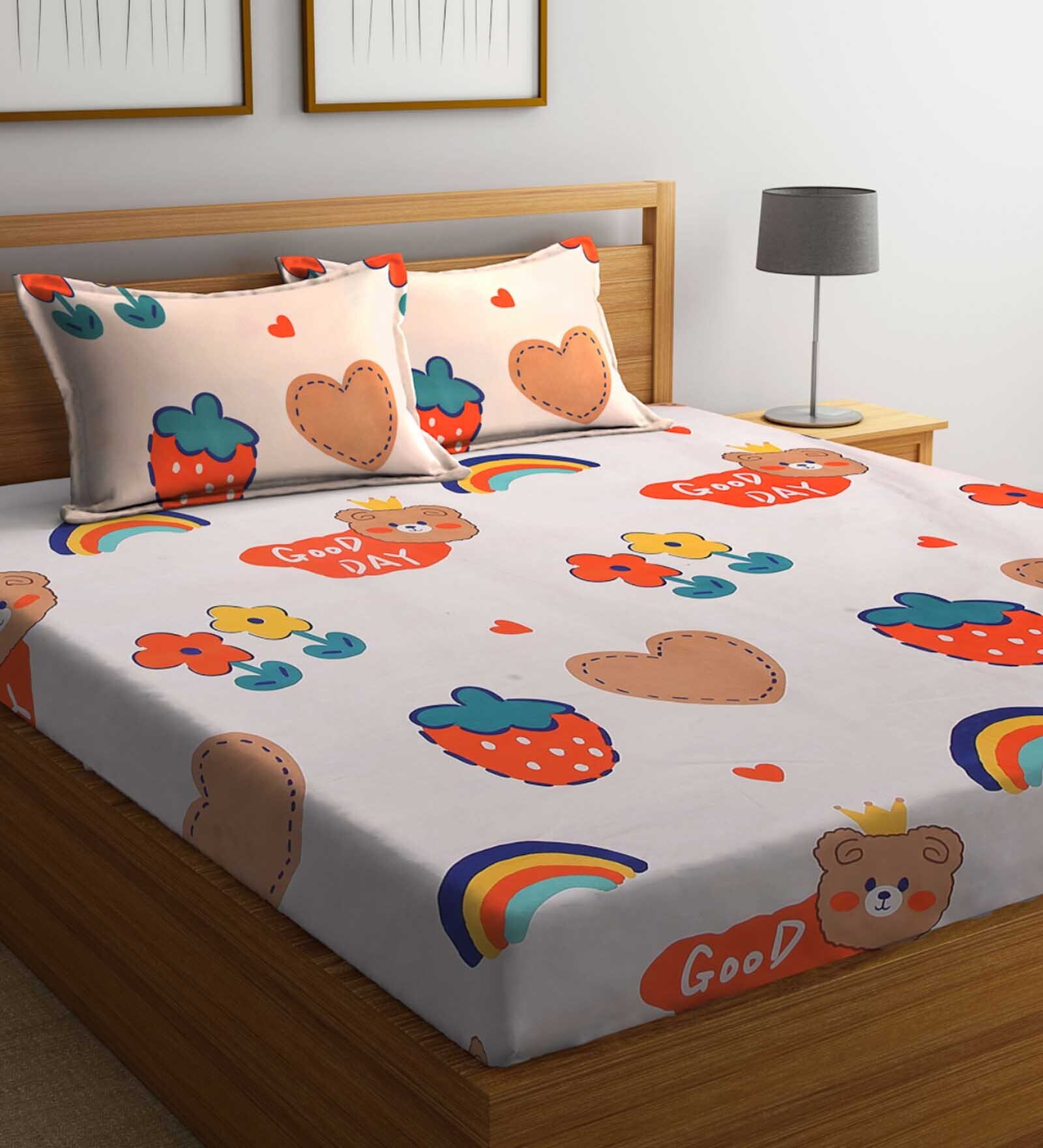 Multicolor Characters 300 TC Cotton Blend Double Size Bedsheet With 2 Pillow Covers