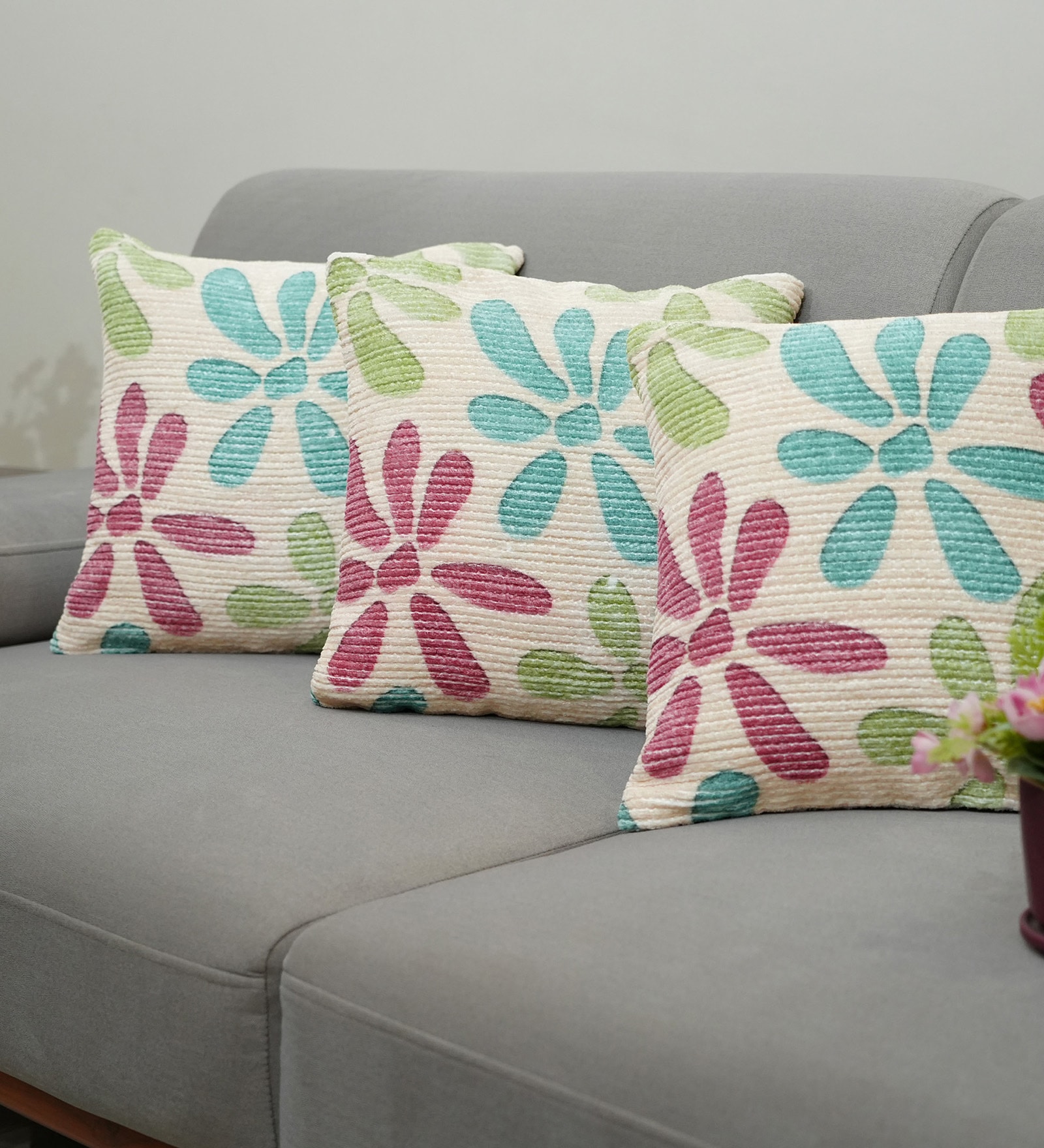 Beige Polyester Floral 20x20 inches Cushion Covers Set of 3