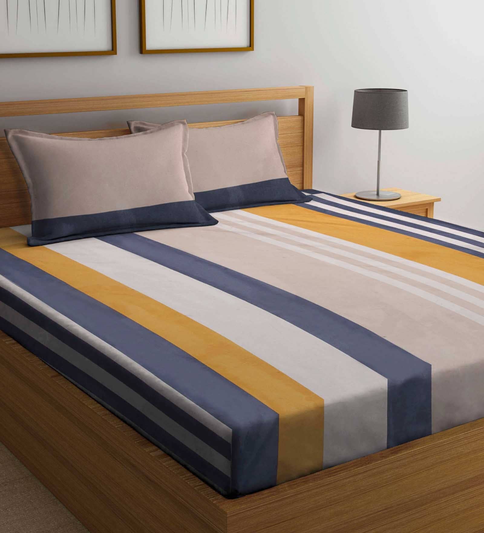 Multicolor Stripes 300 TC Cotton Blend Double King Size Bedsheet With 2 Pillow Covers