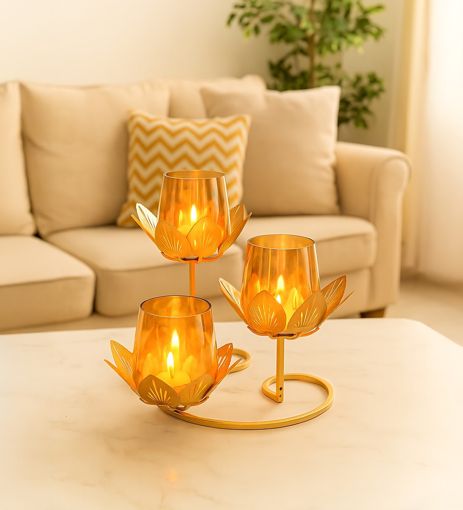 Golden Metal Lotus Votive Tea Light Holder Set Of 3