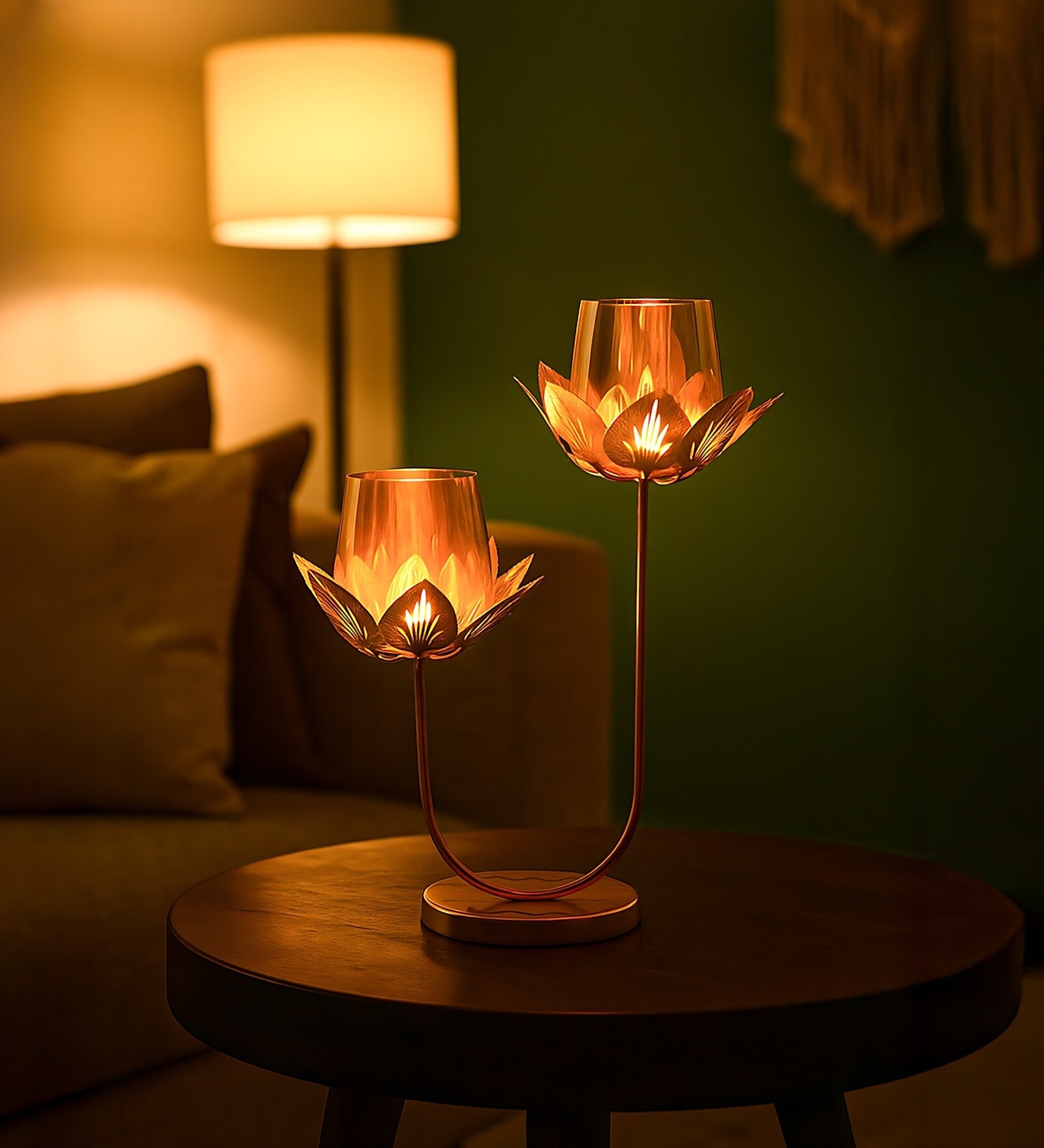Golden Metal Lotus Tealight Holder Set Of 2
