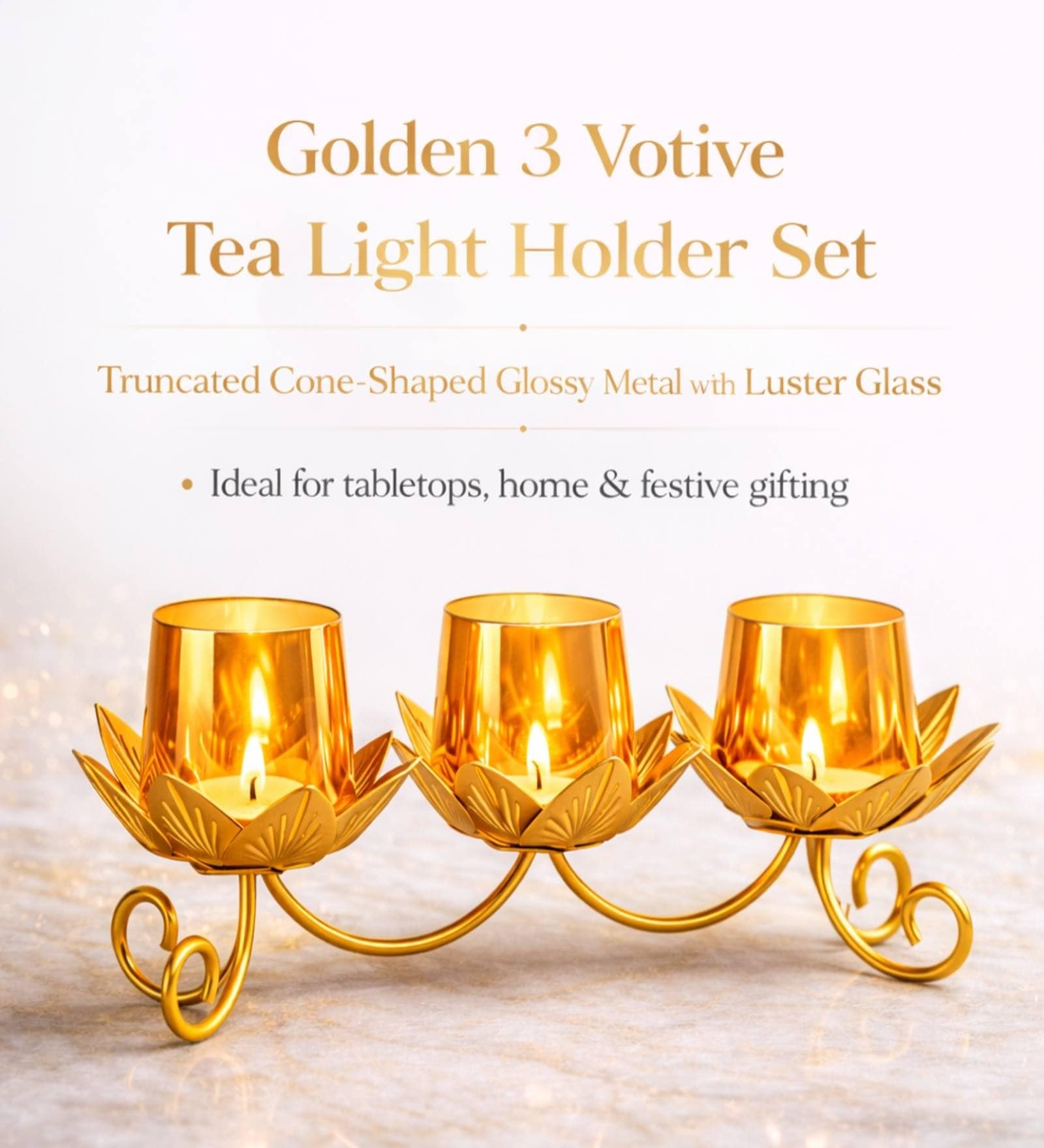 Golden Metal Votive Tea Light Holder Set Of 3