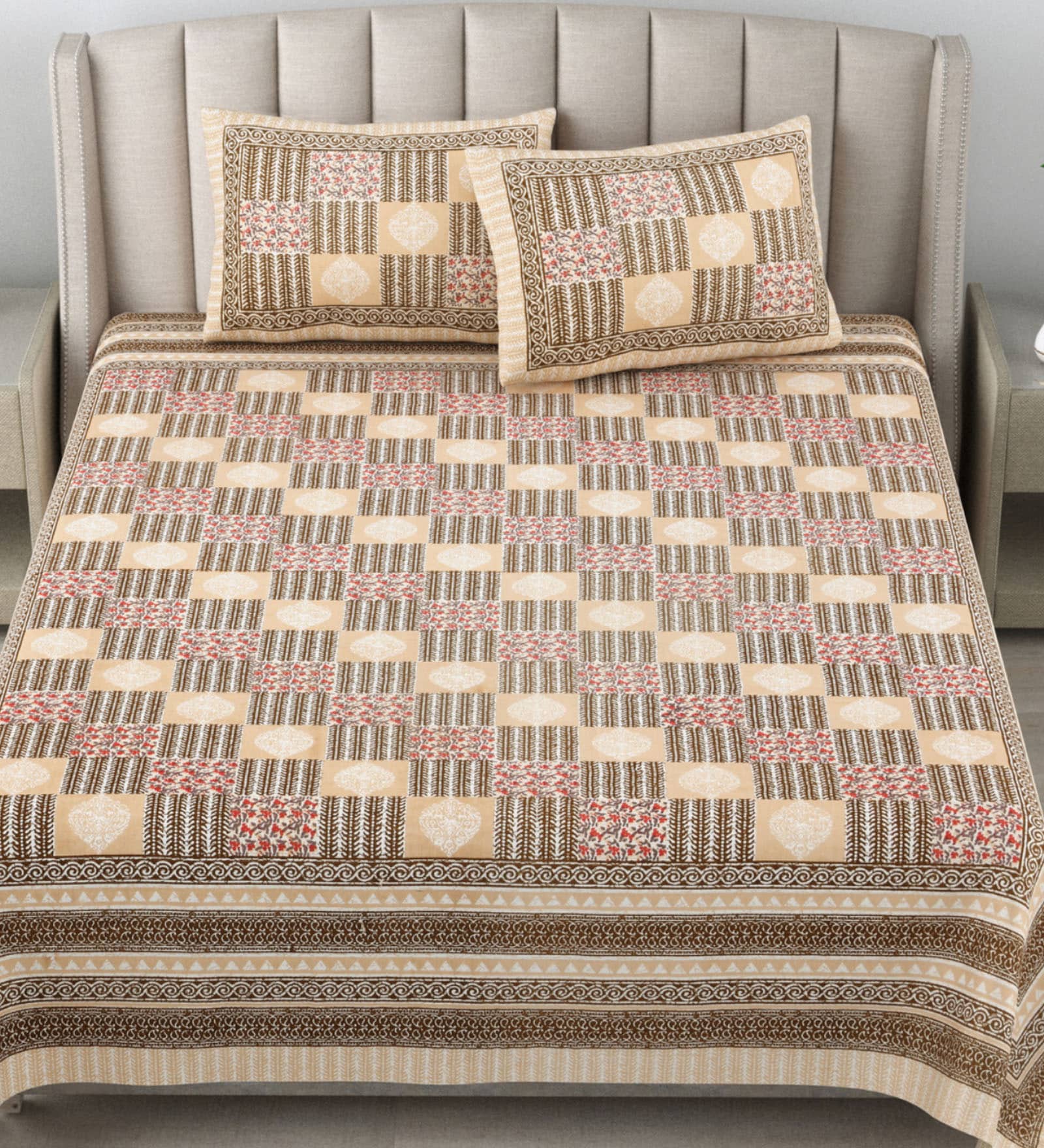 Multi Traditional 180 TC Cotton Printed Bedsheet With Two Pillow Covers For Queen Bed (Block  Printed ,Multi ,153 GSM)