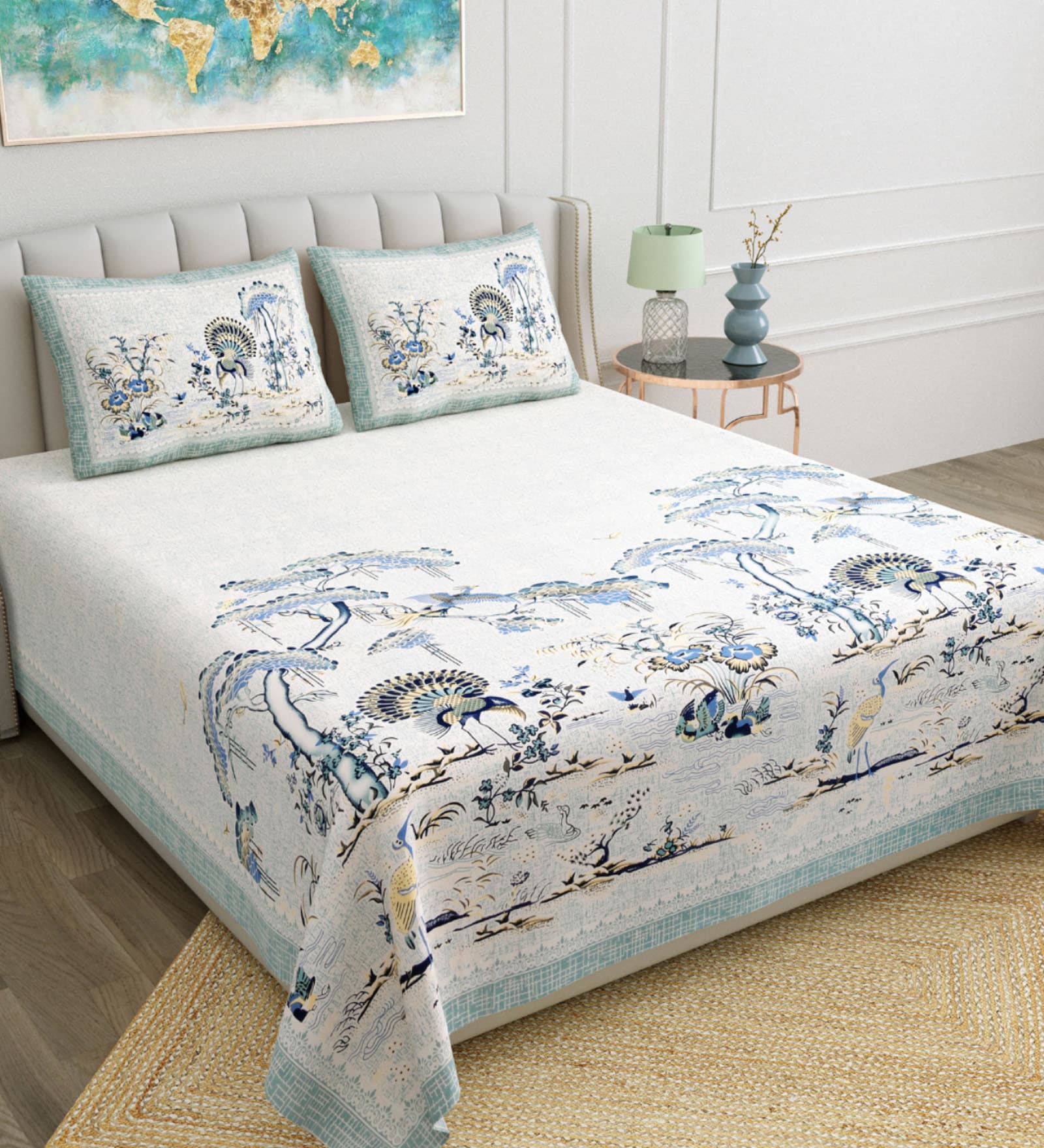 Multi Traditional 180 TC Cotton Printed Bedsheet With Two Pillow Covers For Queen Bed (Jaipuri Printed ,Multi ,153 GSM)
