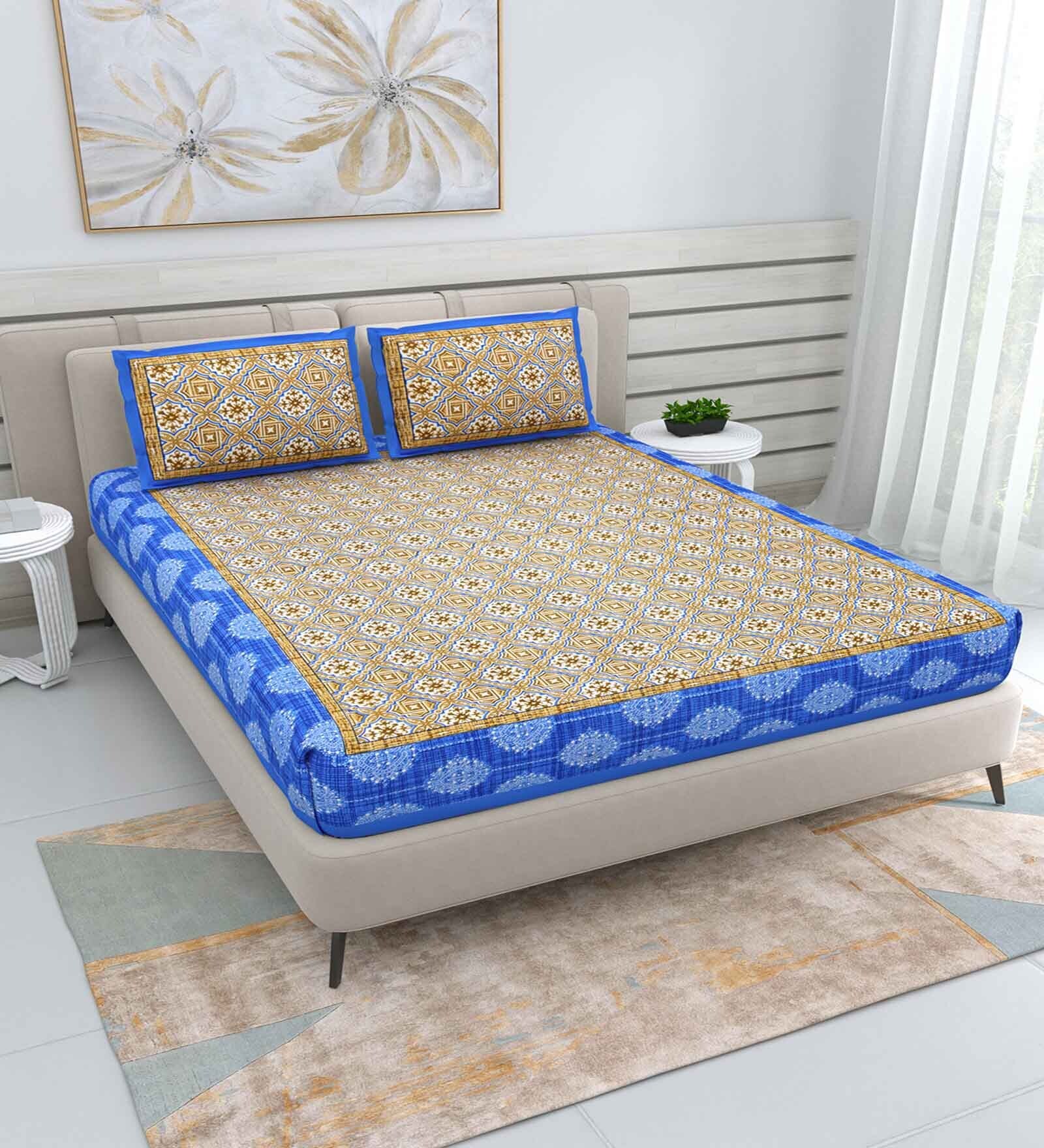 Blue Traditional 220 TC Cotton  Double Queen Bedsheet with 2 Pillow Covers