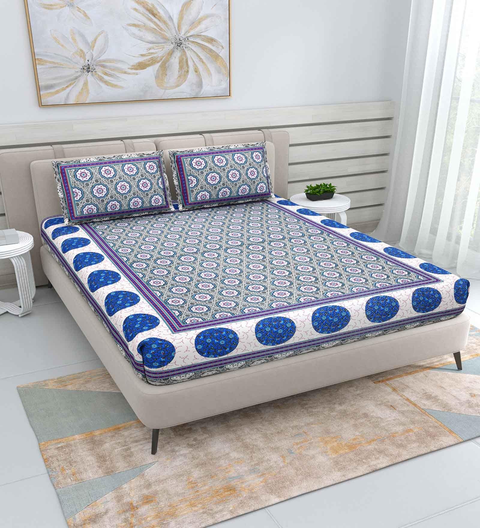 Blue Traditional 220 TC Cotton  Double Queen Bedsheet with 2 Pillow Covers