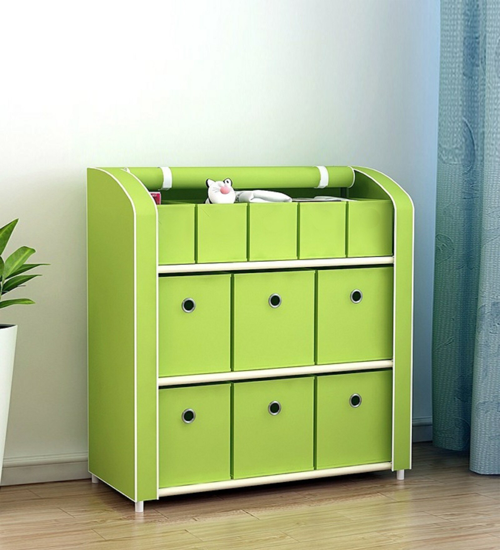 Sugarcane Fabric Kids Storage Cabinet in Green Colour