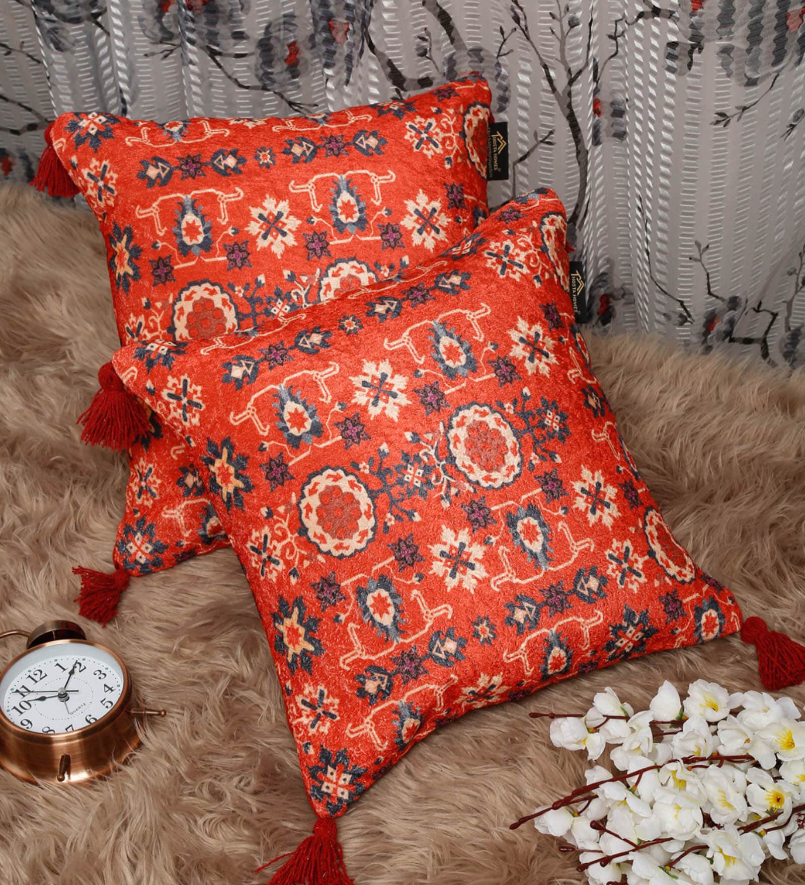 Red Traditional Velvet 16 x 16 Inch Cushion Covers (Set of 2)