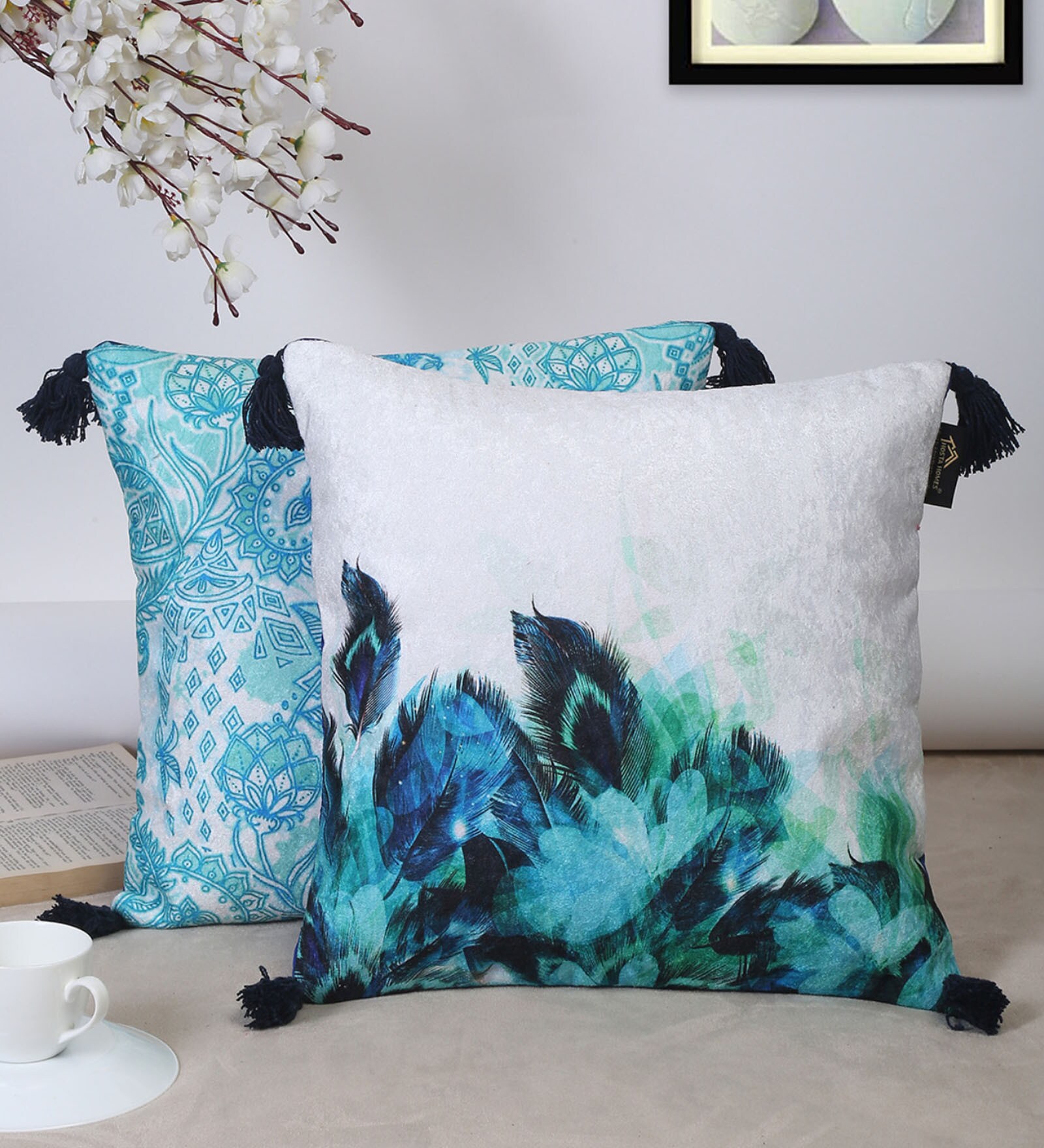 Blue Traditional Velvet 16 x 16 Inch Cushion Covers (Set of 2)