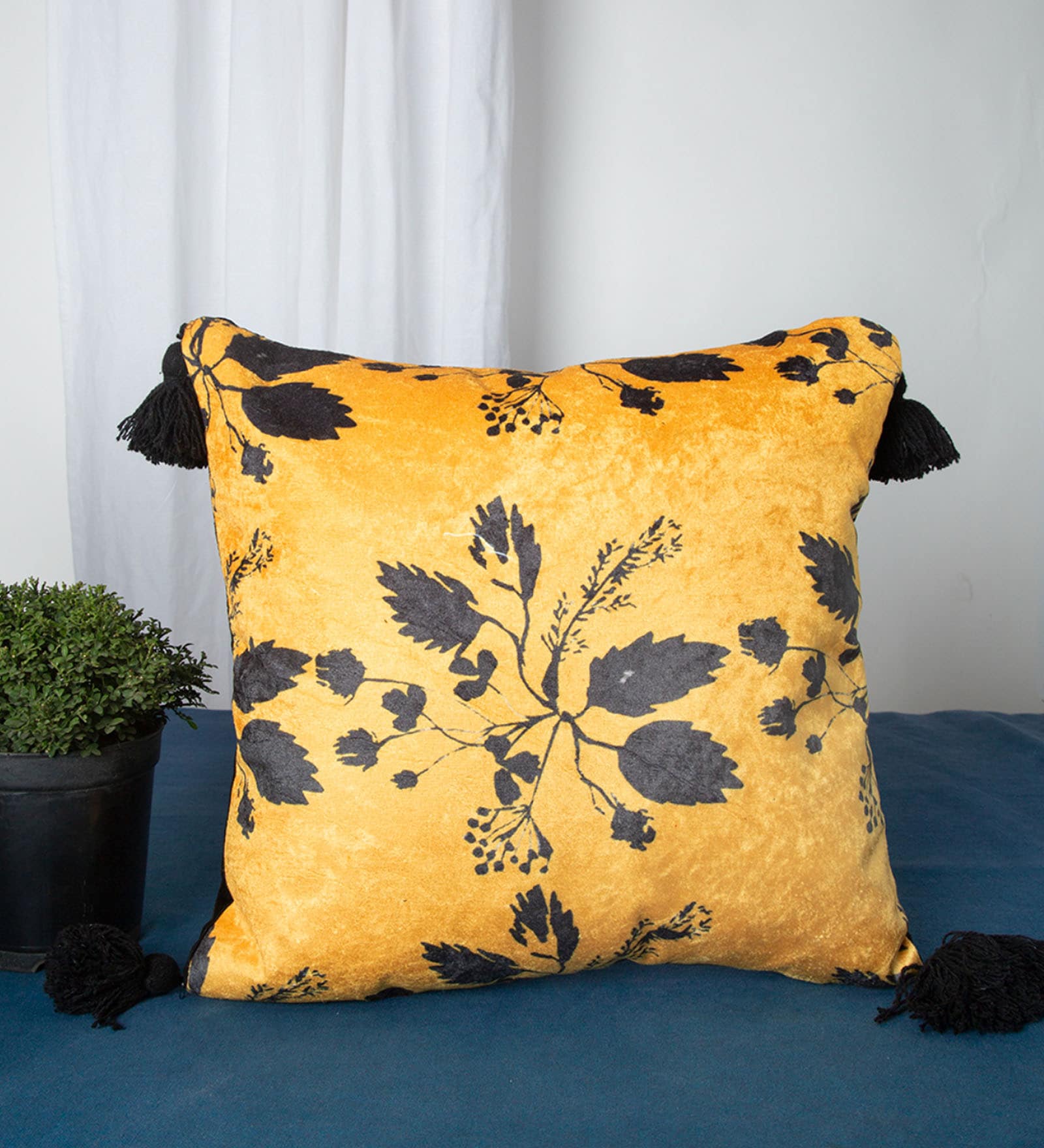 Yellow Floral Velvet 16 x 16 Inches Cushion Cover