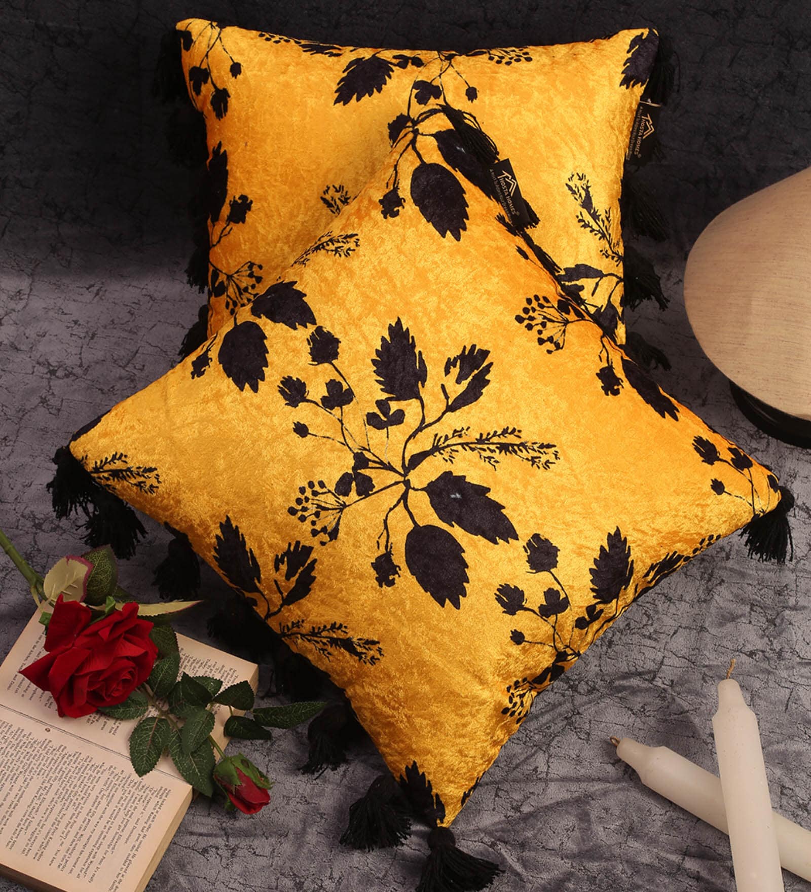 Yellow & White Floral Velvet 16 x 16 Inches Cushion Covers (Set of 2)