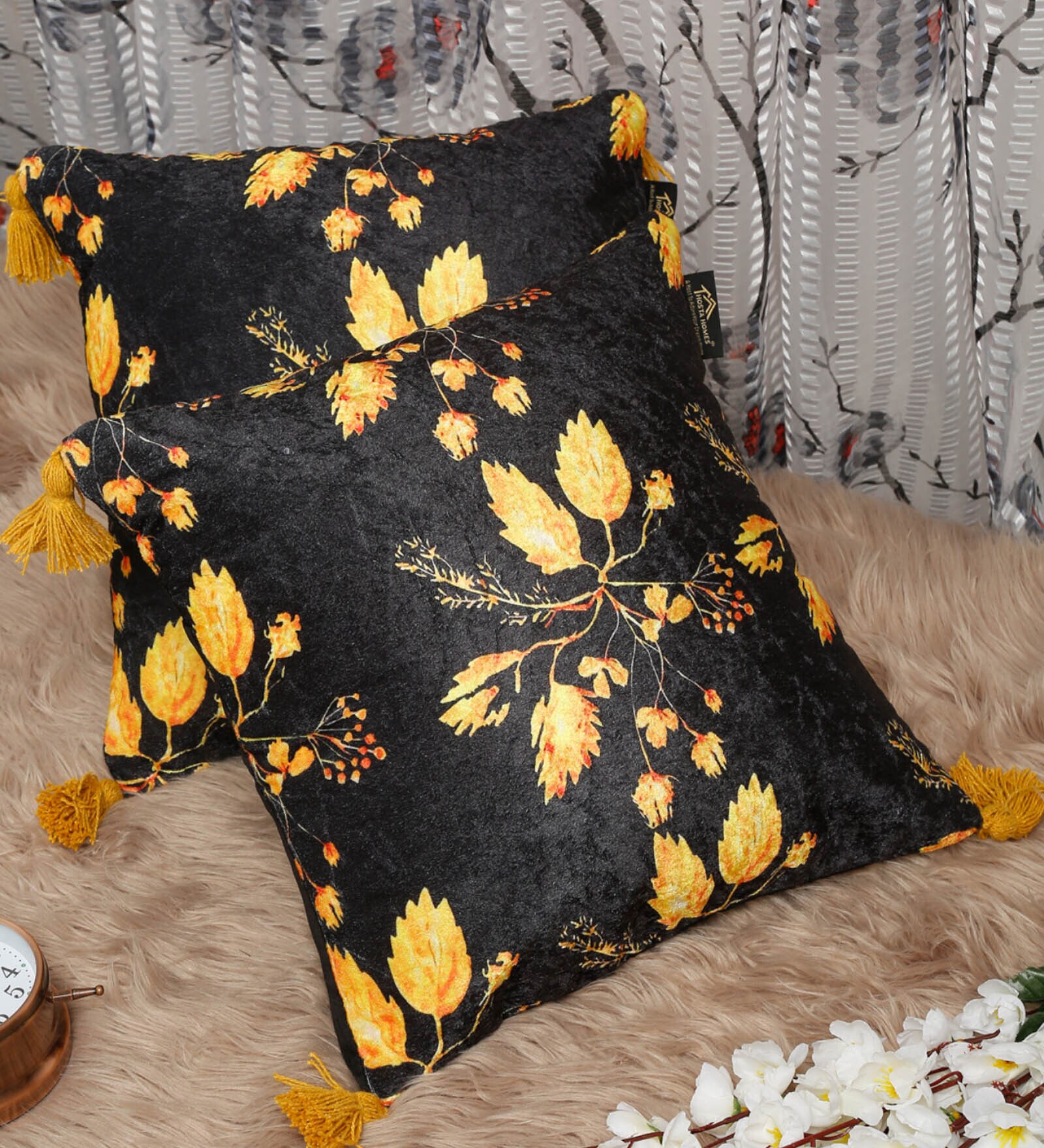 Grey Floral Velvet 16 x 16 Inches Cushion Covers with Tassels (Set of 2)