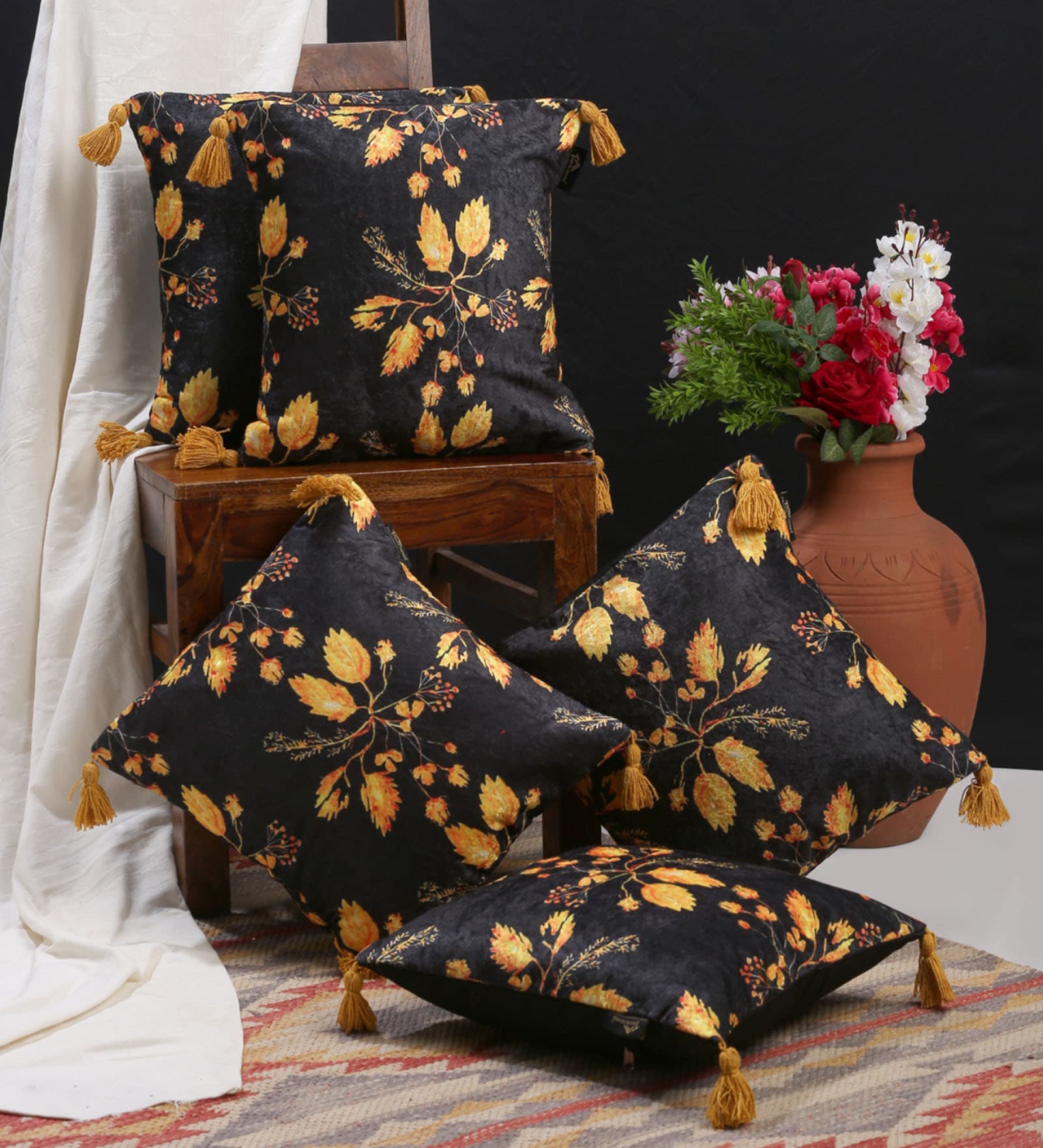 Grey Floral Velvet 16 x 16 Inches Cushion Covers with Tassels (Set of 5)