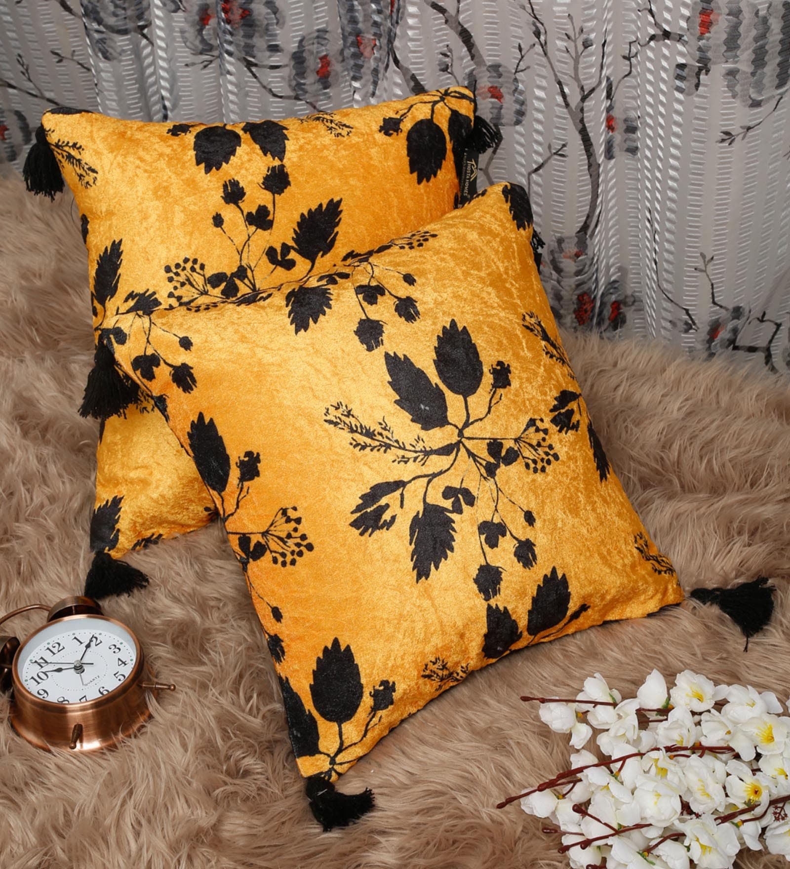 Yellow Floral Velvet 16 x 16 Inches Cushion Covers with Tassels (Set of 2)